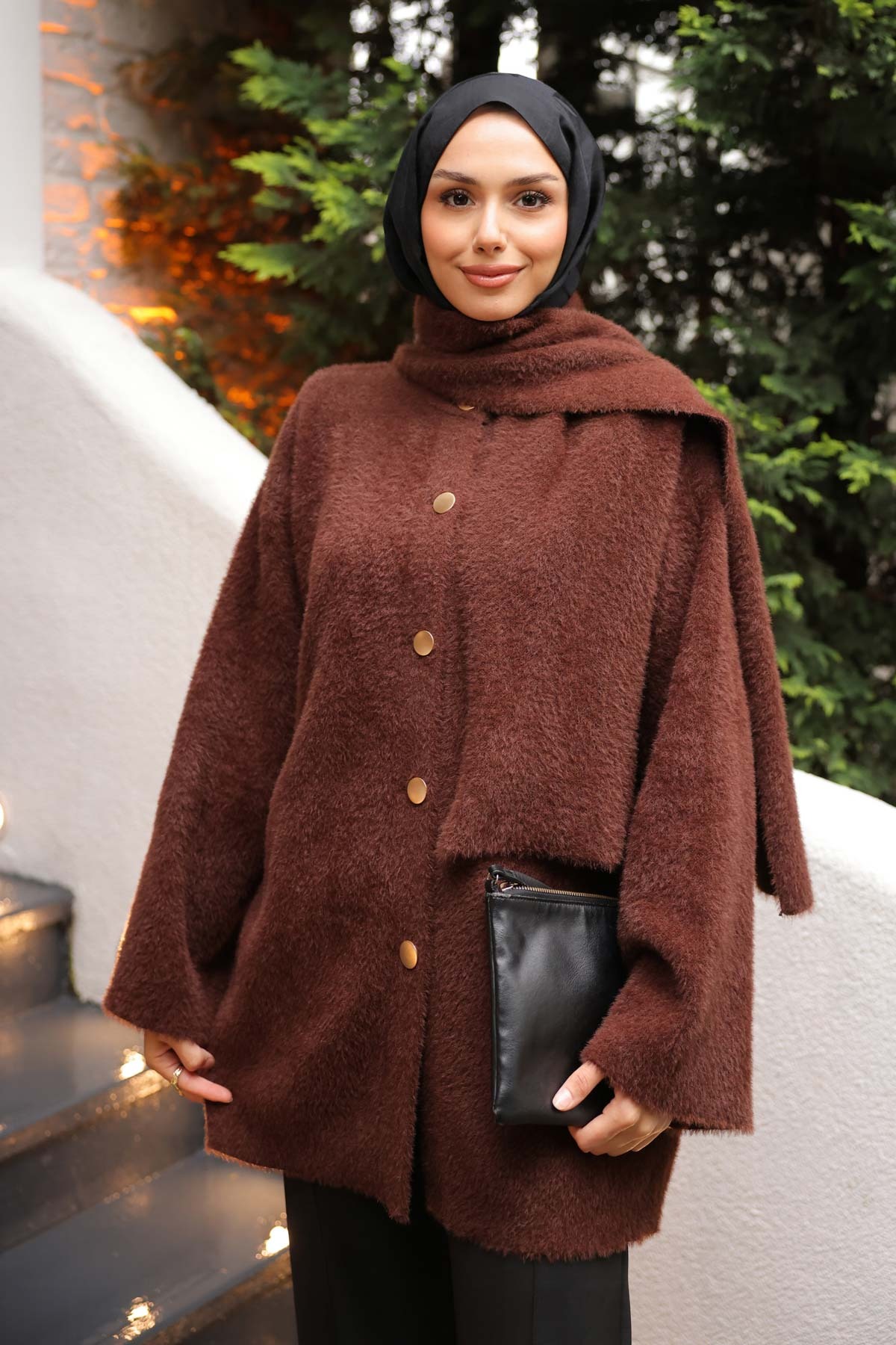 İmajButik  Kahverengi Atkı Detaylı Angora Yumoş Triko Hırka - Görsel 5