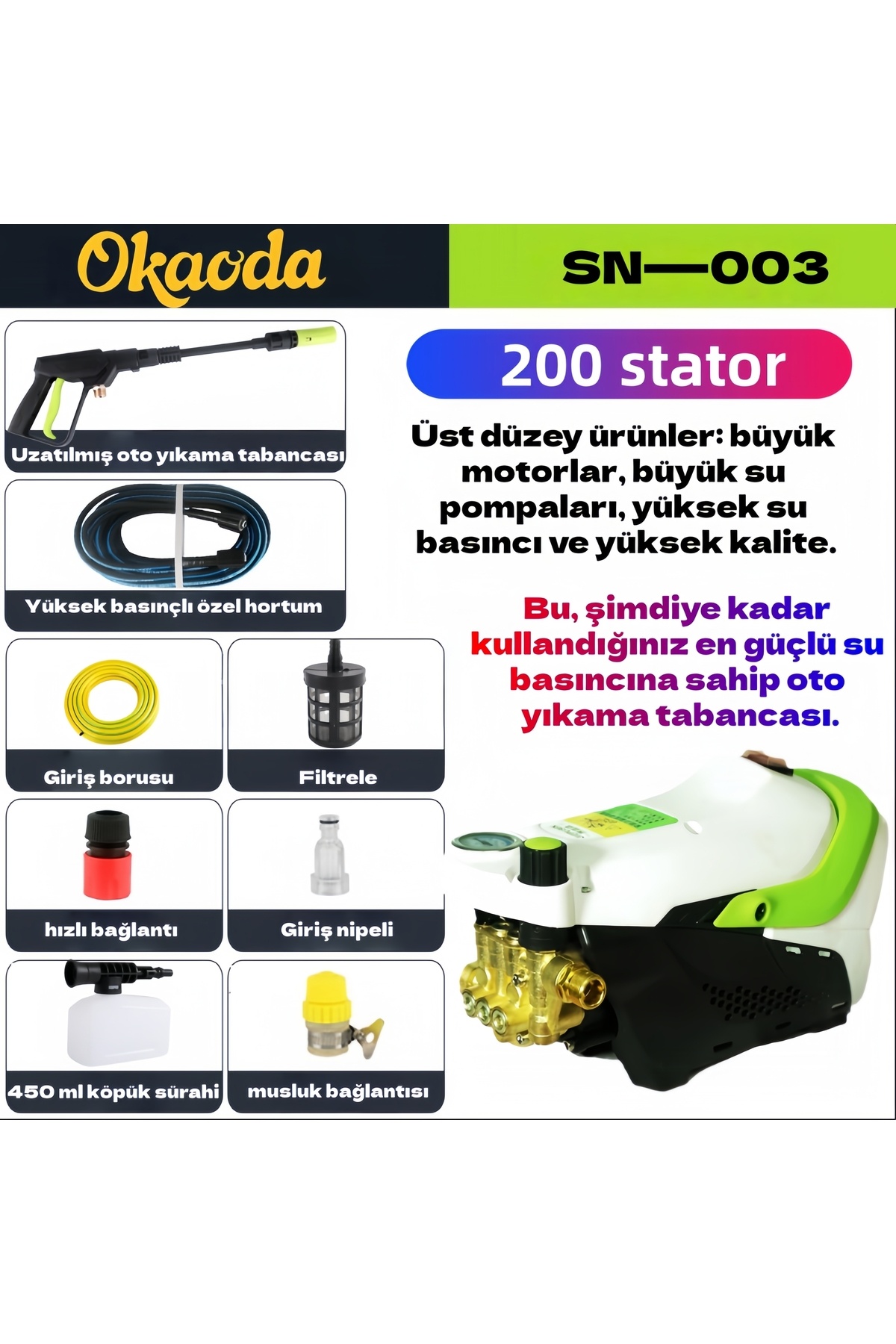 okaoda SN003 Güçlü su basıncı, 200 parçalı stator motoru, büyük su pompası, su basınç göstergesi
