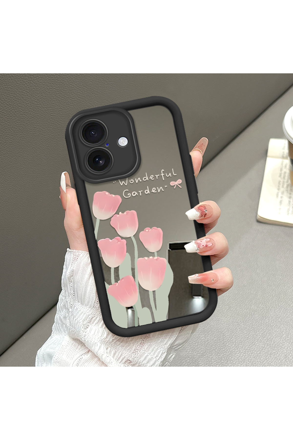 iPhone 16 Compatible Fall Resistant Black Silicone Case Mirror Face Tulip Patterns