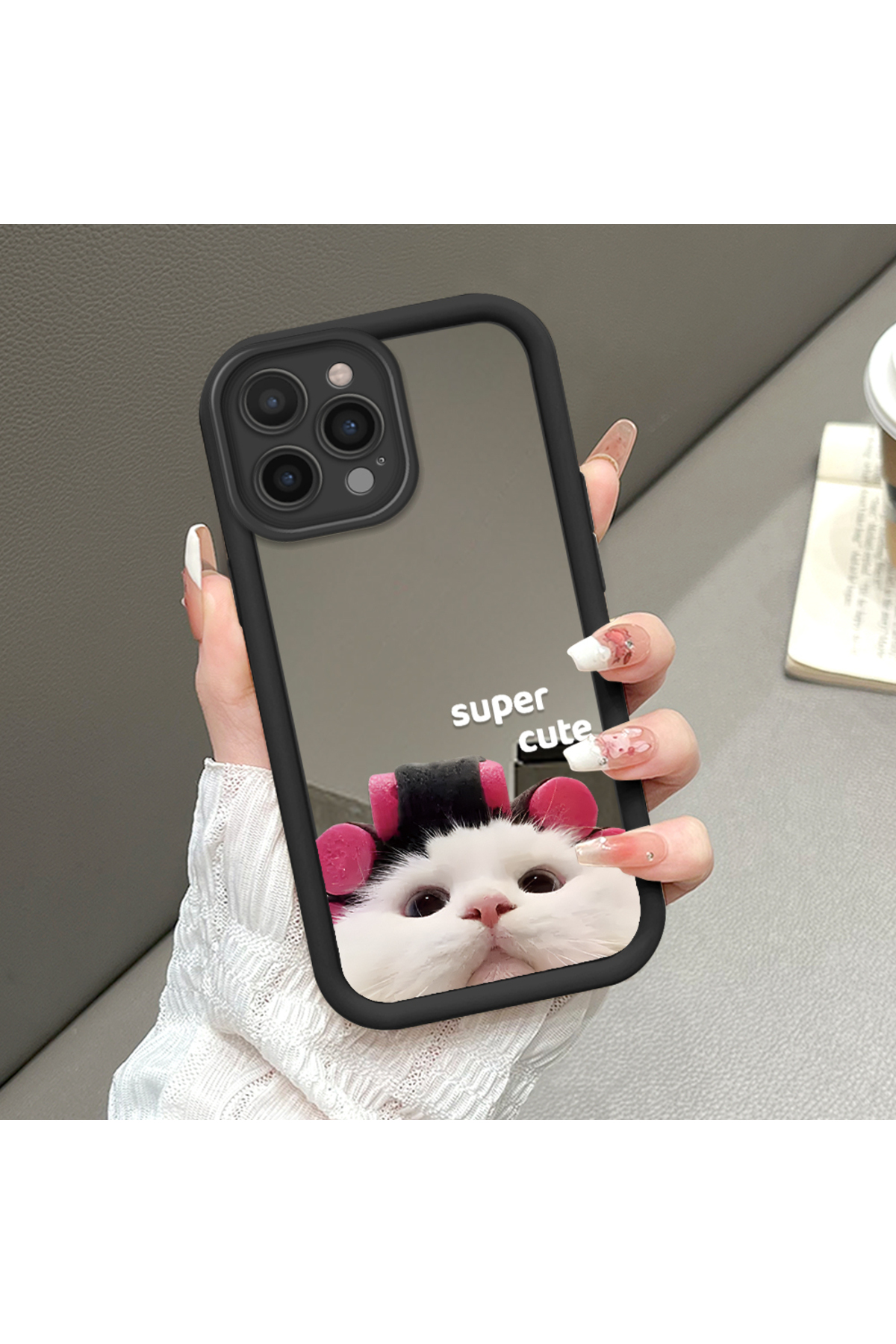 iPhone 16 Pro Compatible Fall Resistant Black Silicone Case Mirror Face Bad Cat Patterns