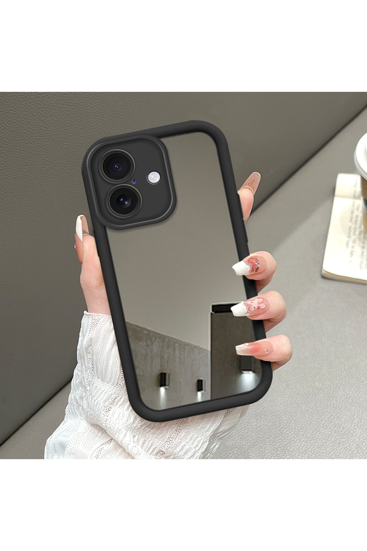 iPhone 16 Compatible Fall Resistant Black Silicone Case with Mirror Face