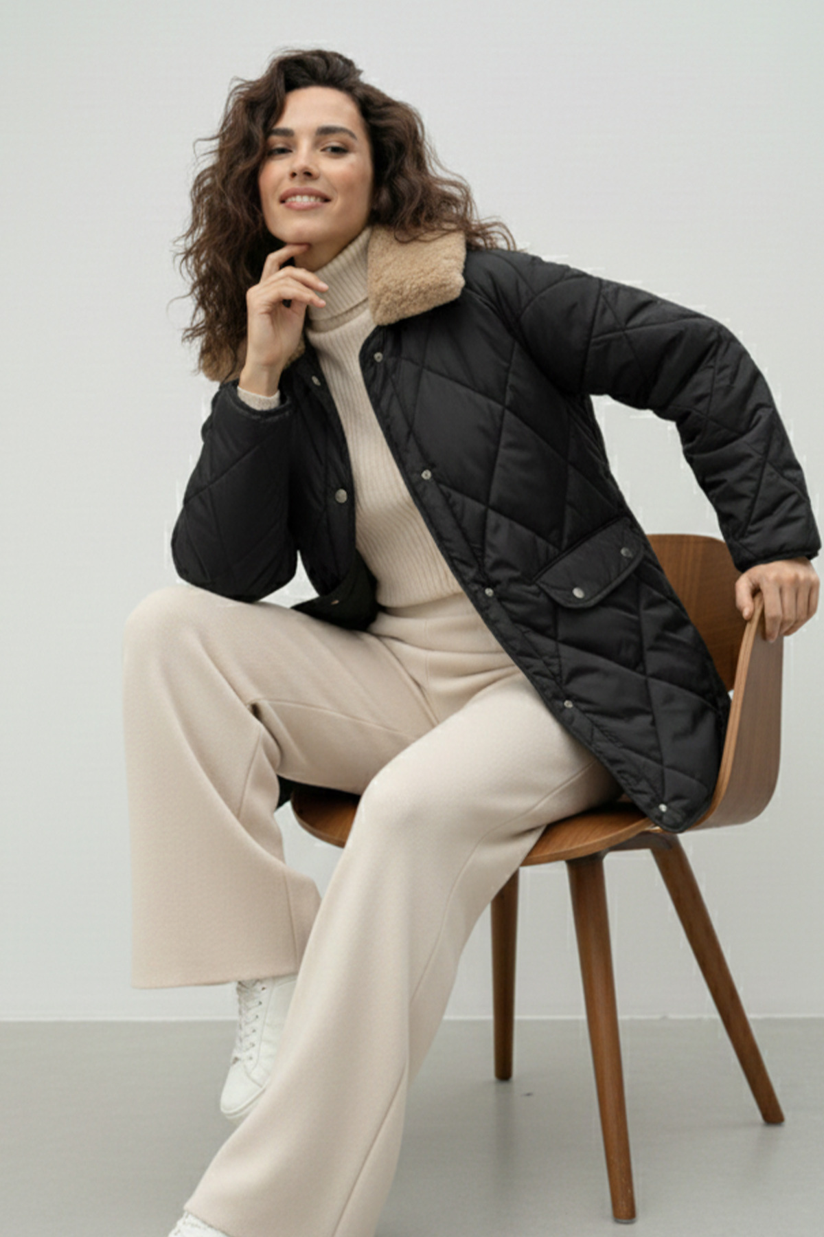 benguen  Yakası Kürklü Kapitone Mont K9180 Siyah - Görsel 3