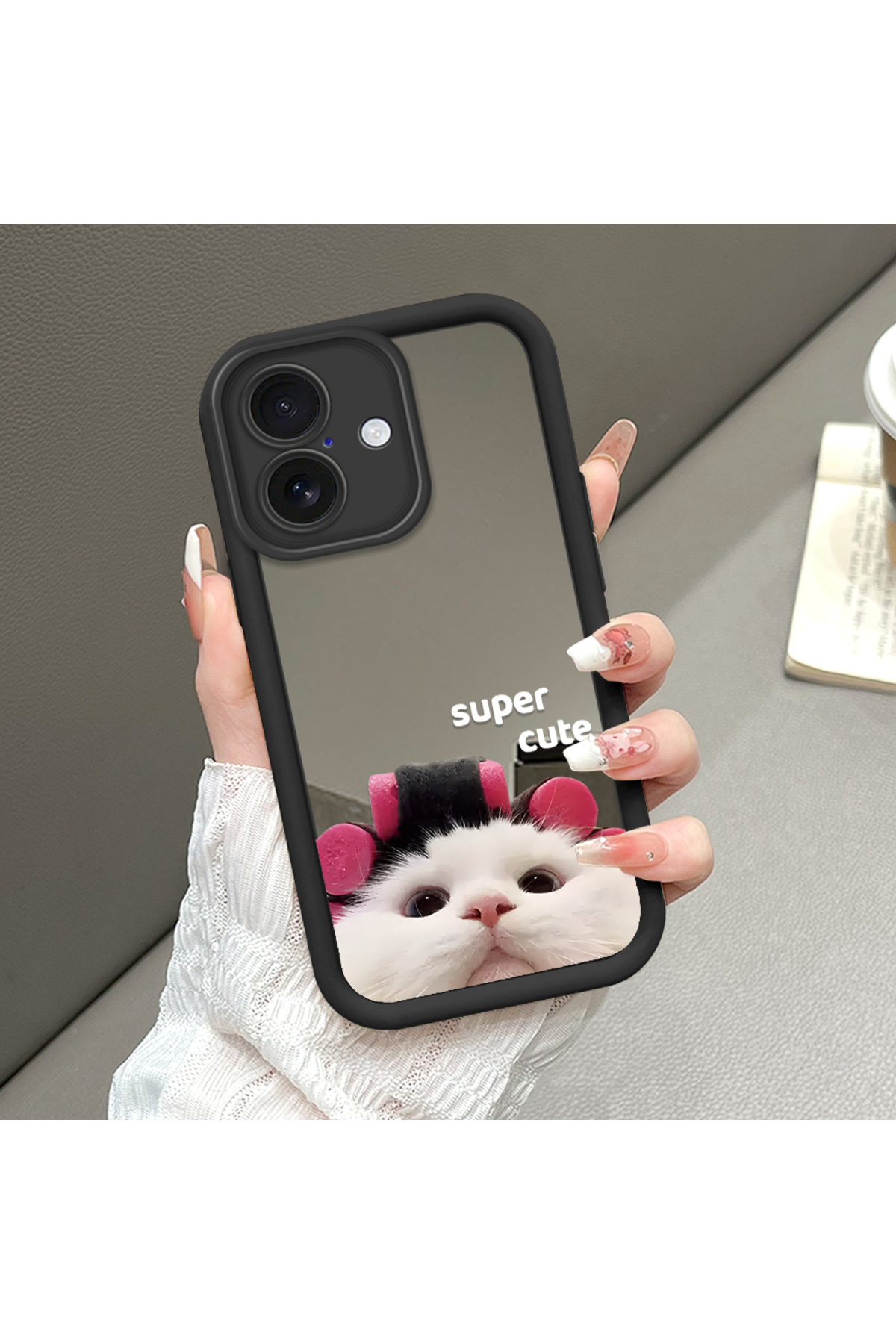 iPhone 16 Compatible Fall Resistant Black Silicone Case Mirror Face Bad Cat Patterns