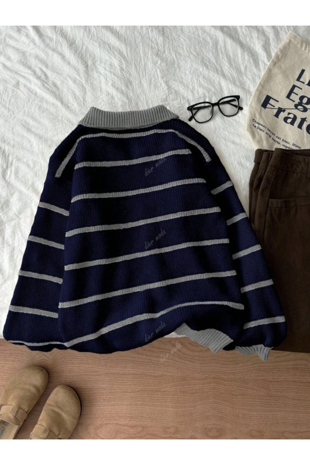 Dier Moda  Gri Lacivert Selanik Örgü Polo Yaka Oversize Triko Kazak, Kadın Kazak Fmoda101 - Görsel 2