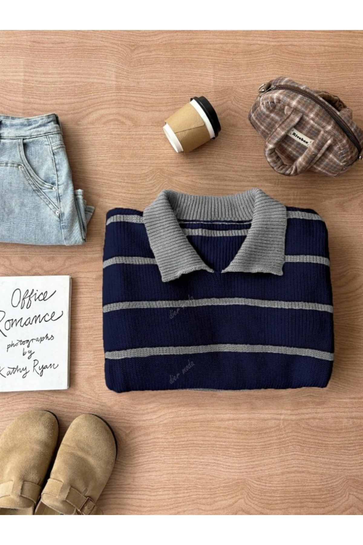 Dier Moda  Gri Lacivert Selanik Örgü Polo Yaka Oversize Triko Kazak, Kadın Kazak Fmoda101 - Görsel 3