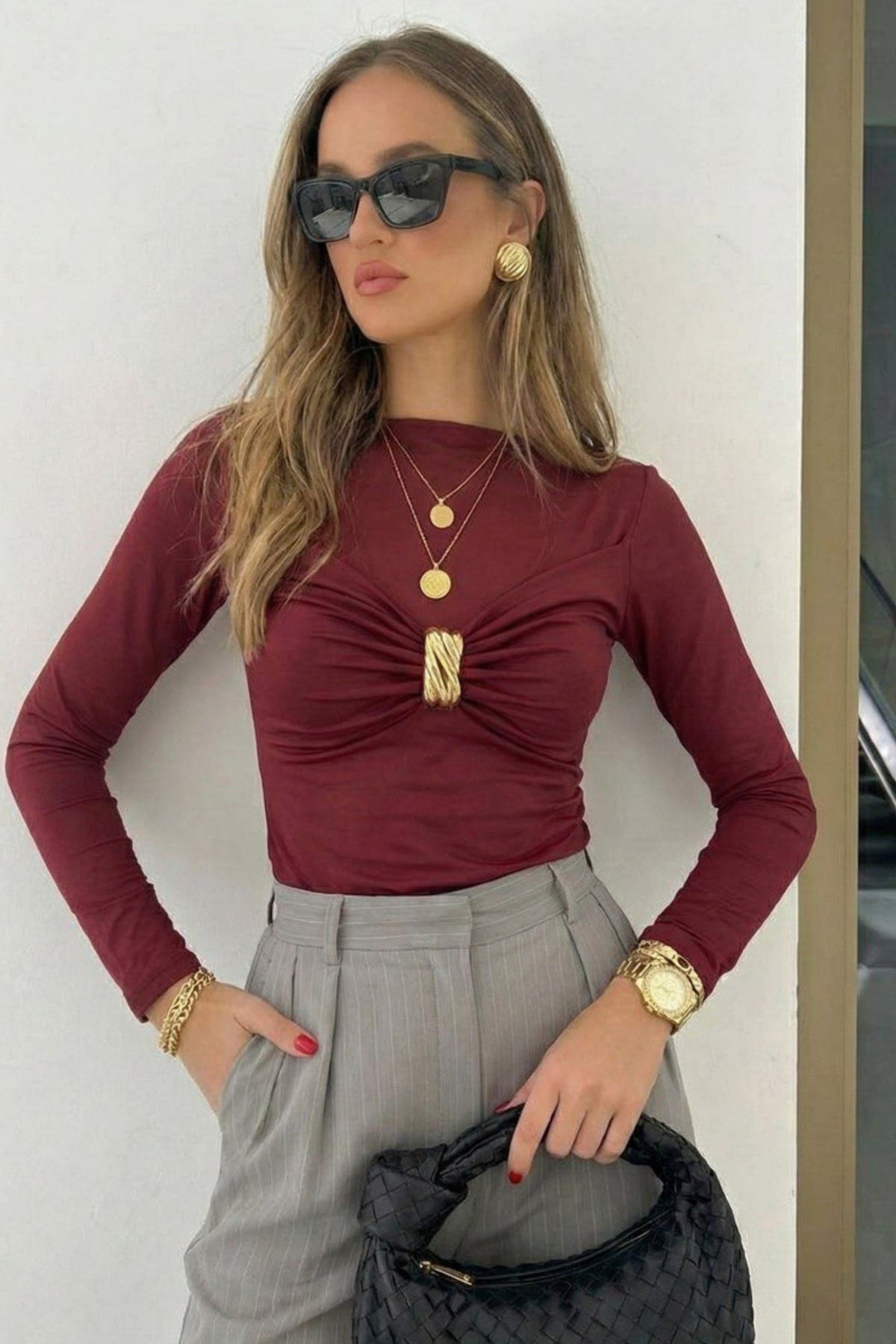 Women's Long Sleeve Chest Buckle Detailed Stylish Blouse