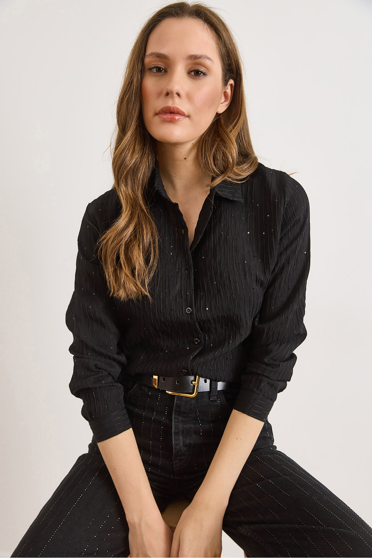 Olalook Women's Black Shirt with Sequin Details and Striped Regular Fit GML-19001406