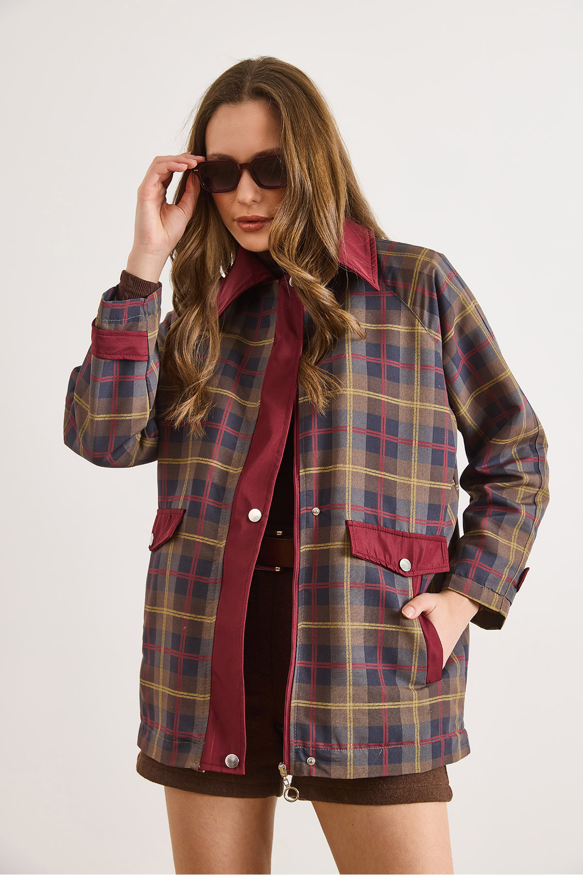 Olalook  Kadın Bordo Kapitone Astarlı Ekose Mont MNT-19000053 - Görsel 5