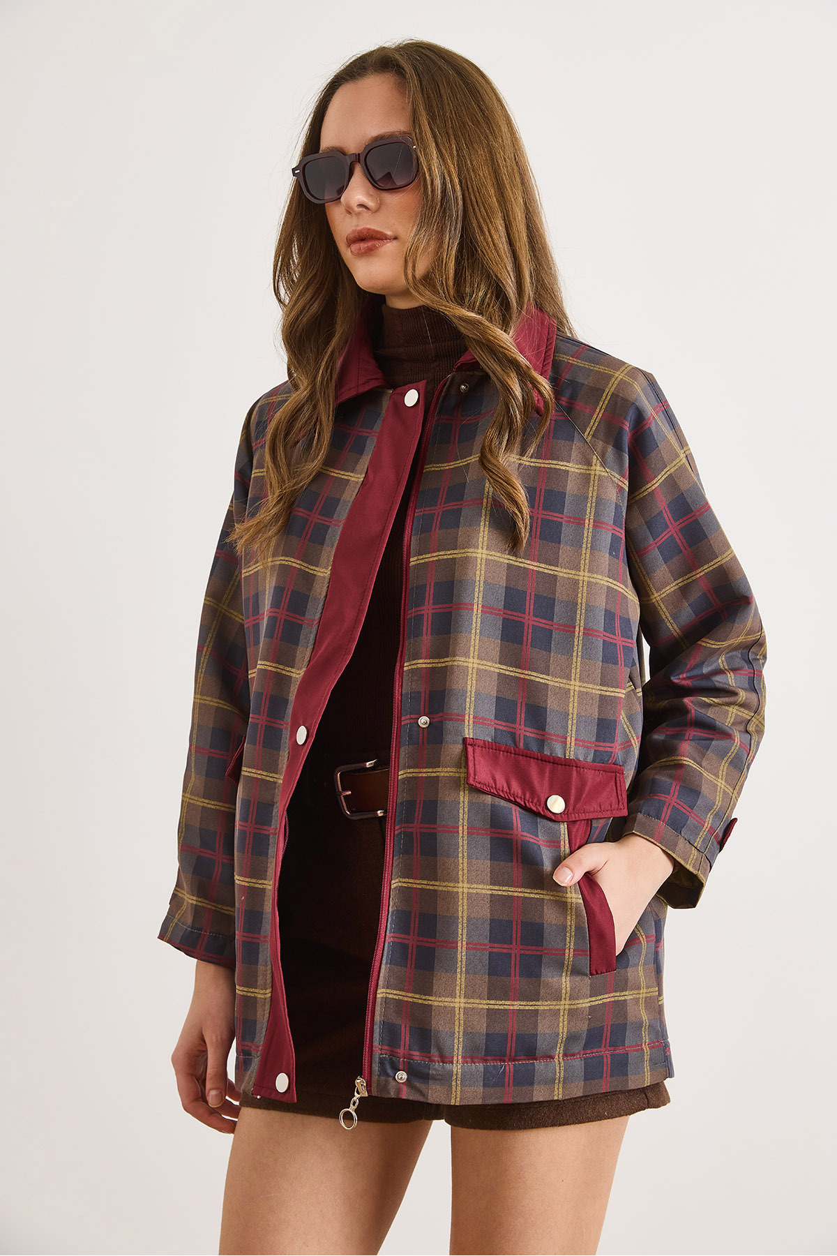 Olalook  Kadın Bordo Kapitone Astarlı Ekose Mont MNT-19000053 - Görsel 6