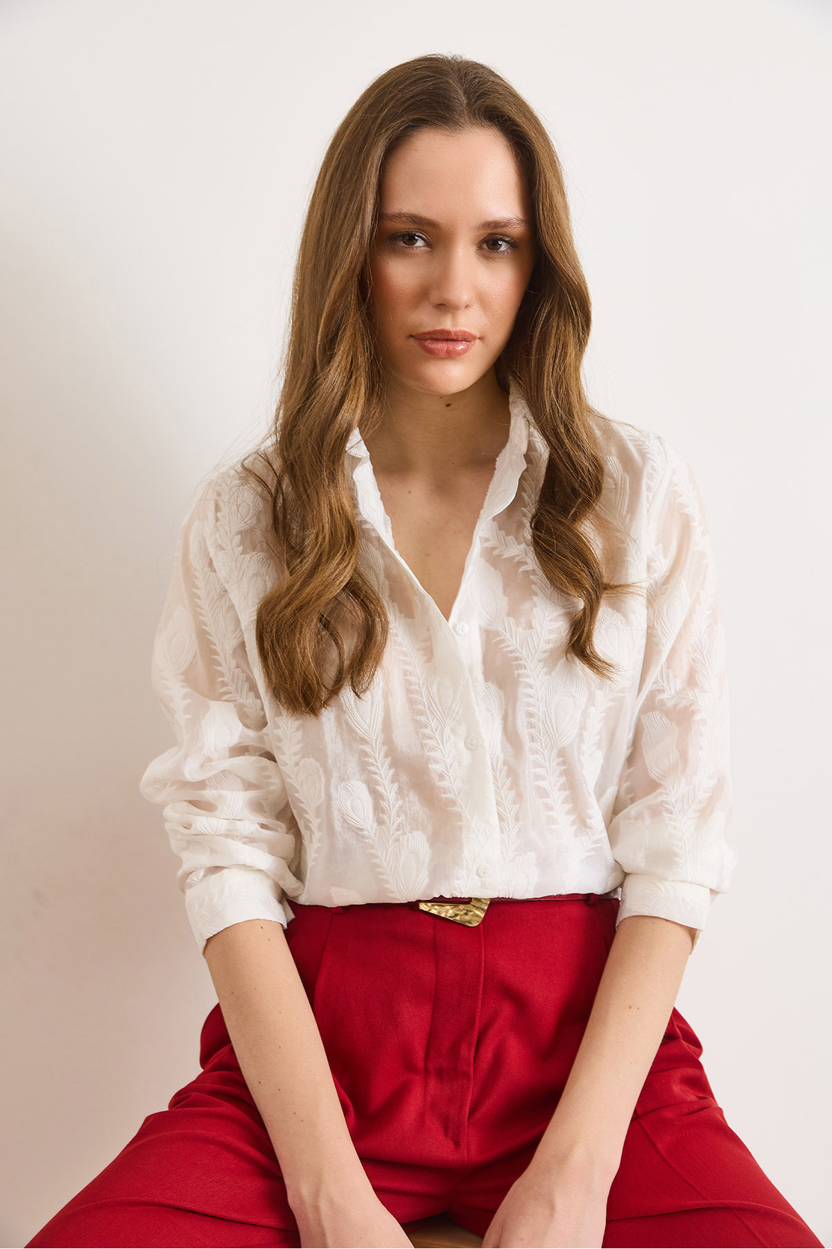 Olalook  Kadın Beyaz Sarmaşık Nakışlı Transparan Gömlek GML-19001414 - Görsel 6