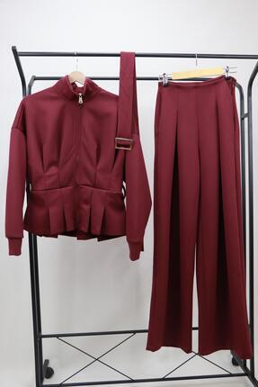 Velvera Butik Premium Kalite Bel Kuşaklı Eşofman Takımı Bordo