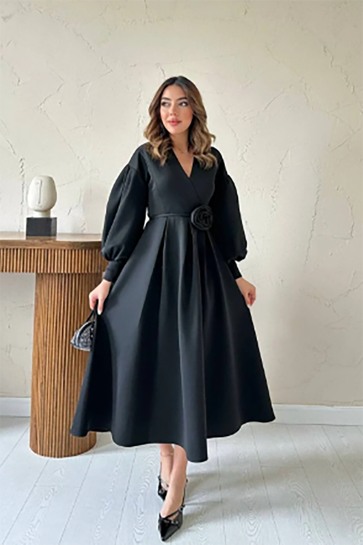 Black Rose Detail Balloon Sleeve Wrap Collar Pleated Scuba Fabric Dress
