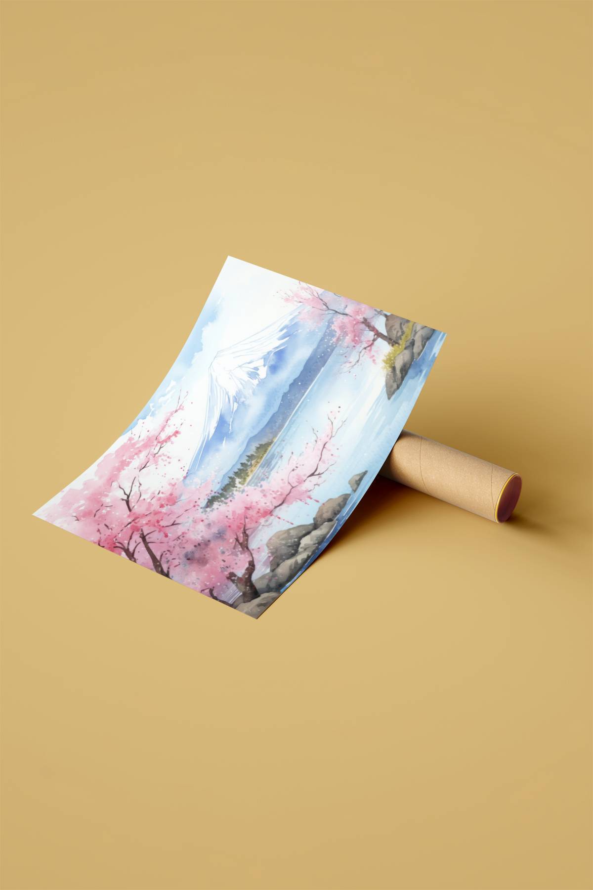Artiqa Suluboya Fuji Dağı ve Sakura Çerçevesiz Poster – Japonya