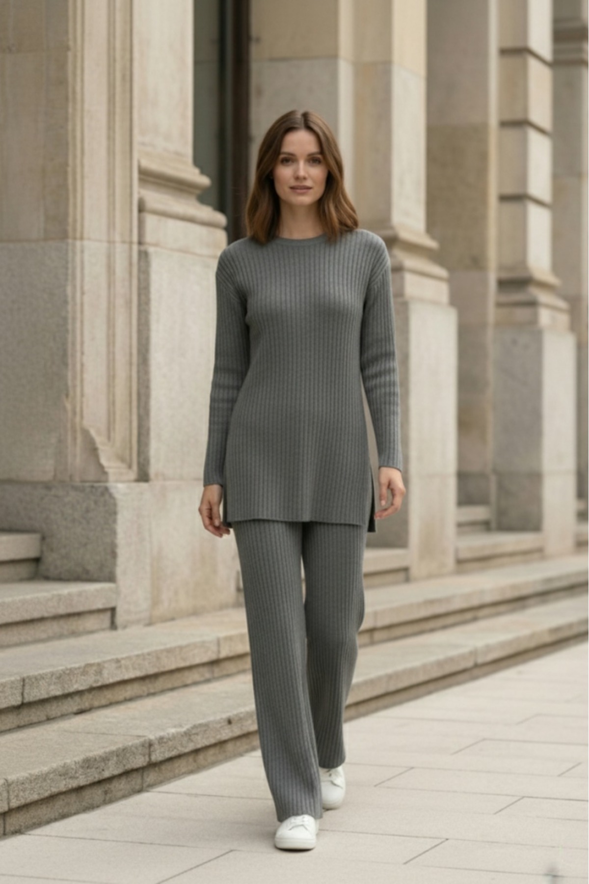 Cotton Ribbed Women's Blouse Pants 2pcs Set
