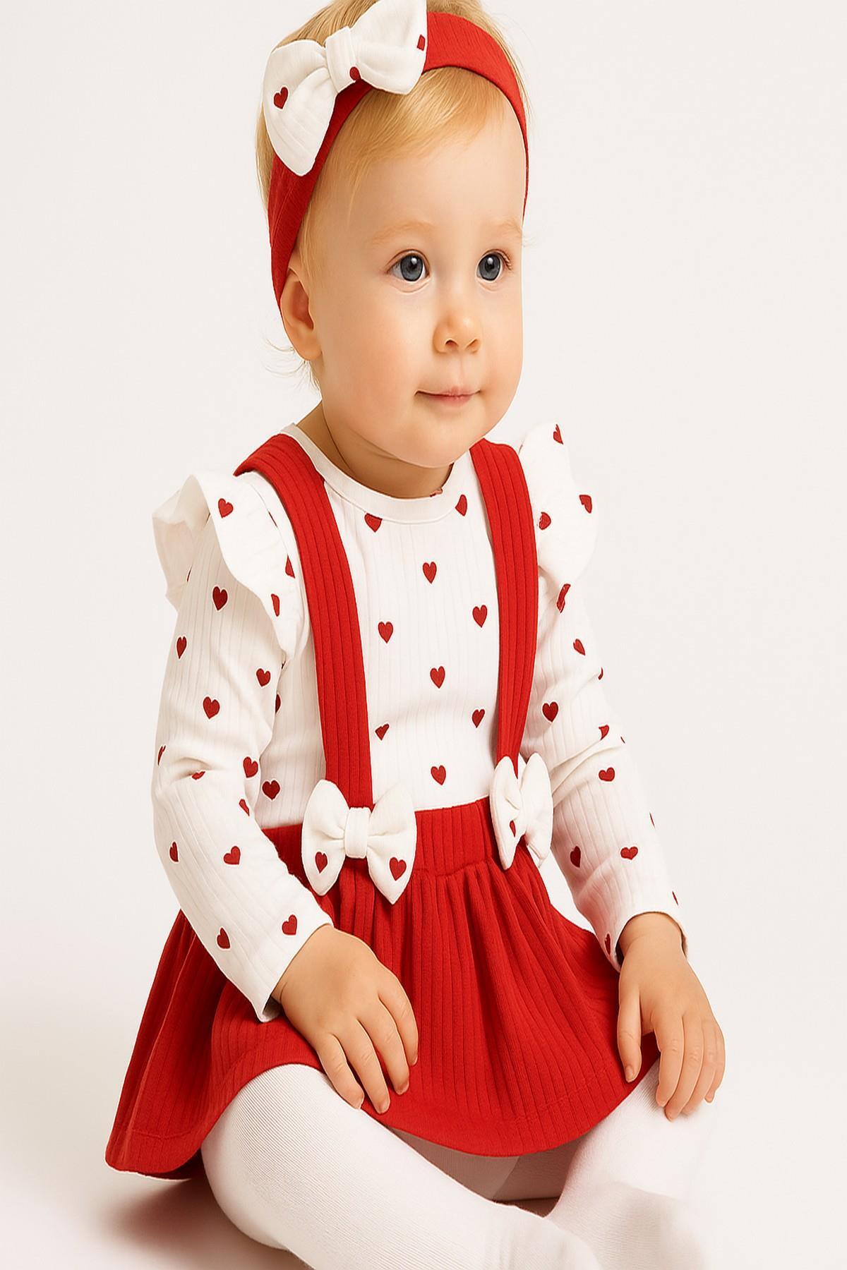 dinamik çocuk Kız Bebek Kalp Çiçek Raporlu Fiyonk Detaylı Bandanalı Alttan Çıtçıtlı Badili Salopet Elbise 3lü Takı fotoğrafı 3 (önizleme)