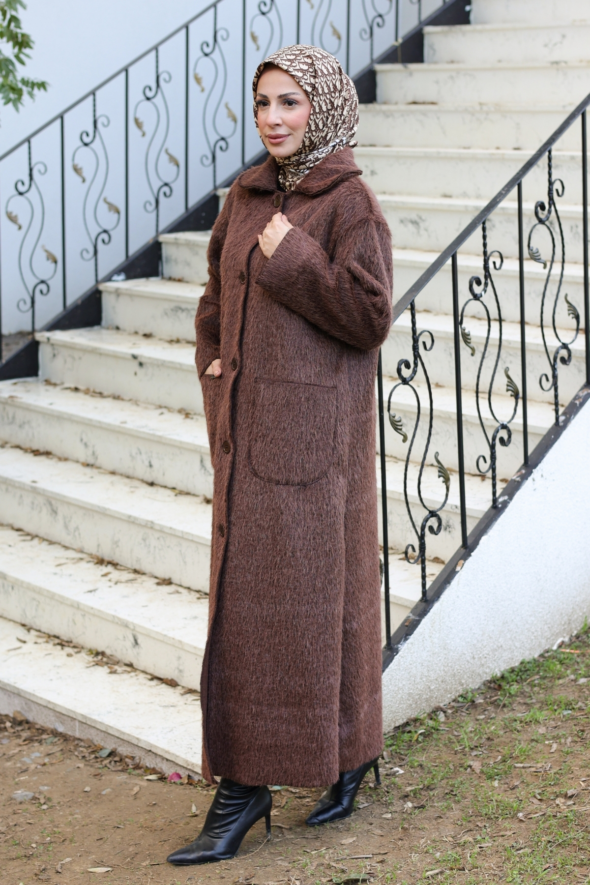 KADEEM  Mavera Fox Kumaş Uzun Tesettür Kaban – 7009 - Görsel 7