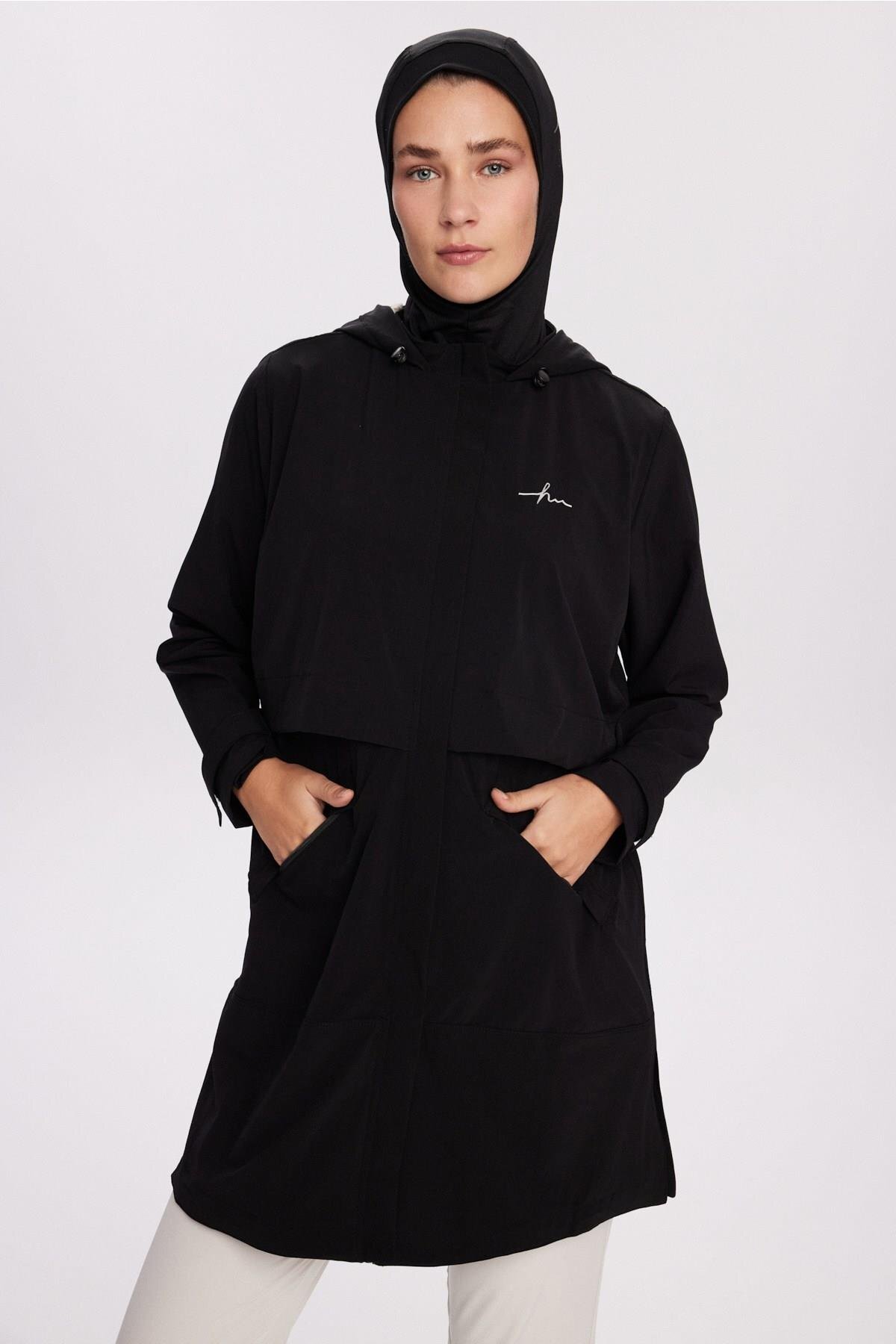 Haşema  Active H-Per Fit Kapüşonlu Siyah Tesettür Yürüyüş Ceketi ACT-42 - Görsel 5