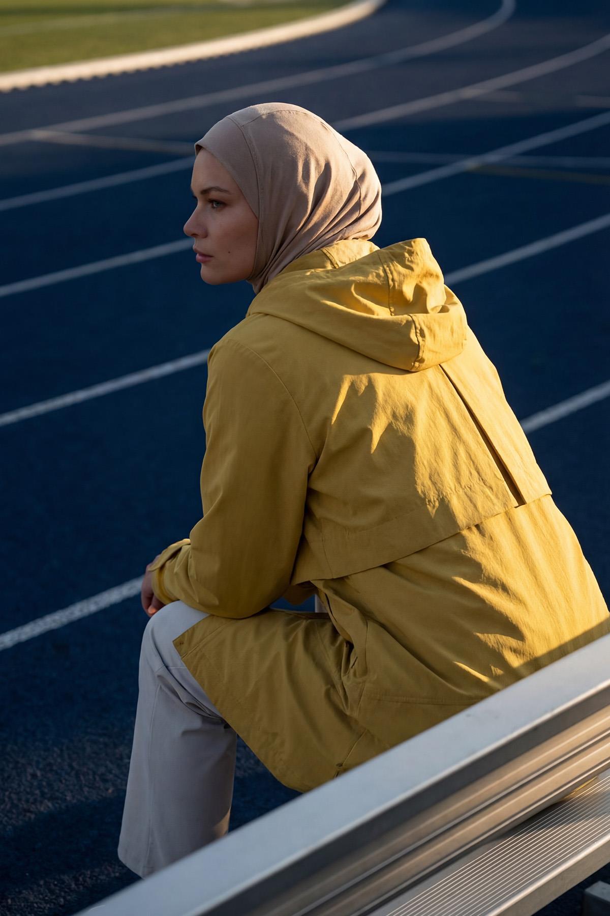 Haşema  Active H-Per Fit Kapüşonlu Sarı Tesettür Yürüyüş Ceketi ACT-42