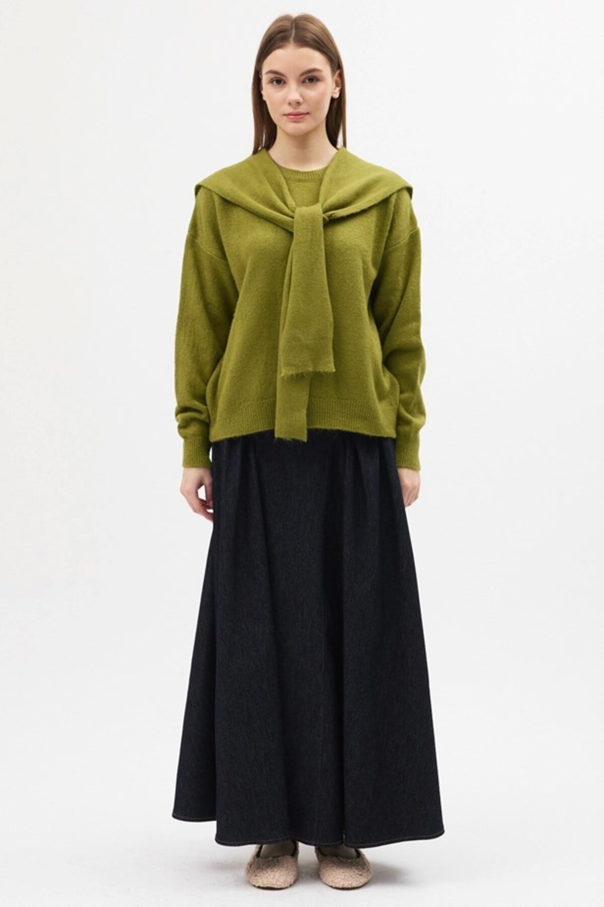 LOTUS CITY  Kadın Yağ Yeşil Yumuşak Dokulu Geniş Kalıp Şallı Triko Kazak - Görsel 2