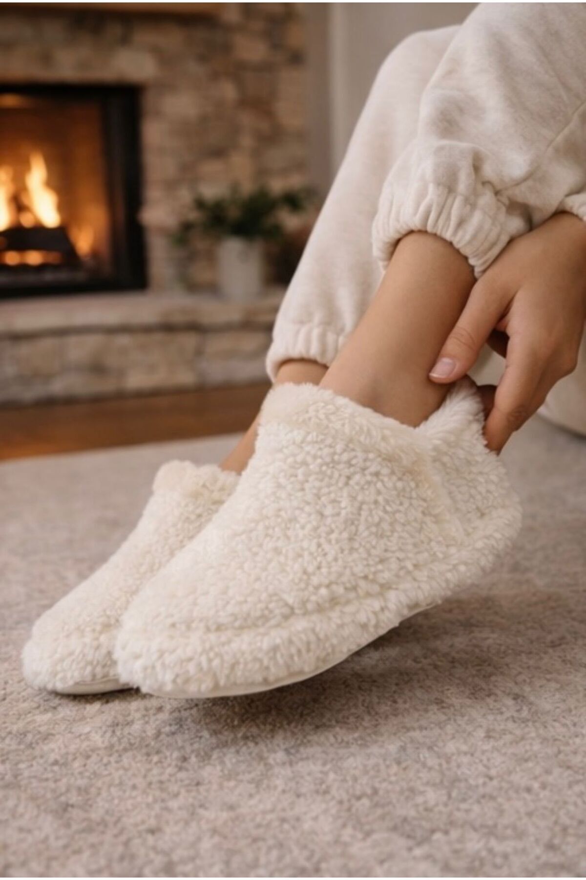 Platana Beyaz Peluş Ev Botu - Terlik