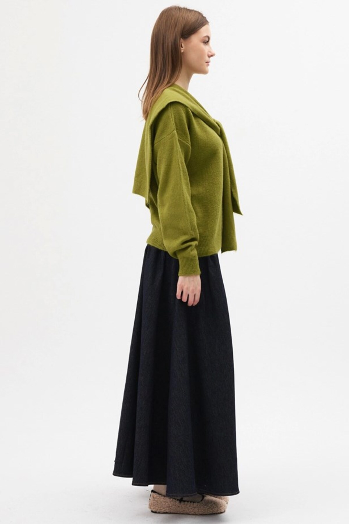 LOTUS CITY  Kadın Yağ Yeşil Yumuşak Dokulu Geniş Kalıp Şallı Triko Kazak - Görsel 5