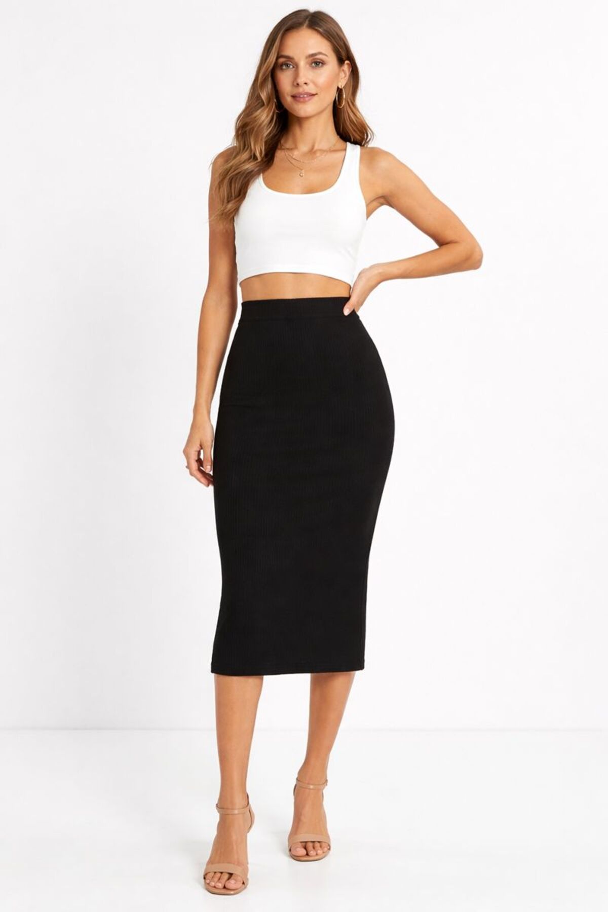 buğlem collection  Kadın Yüksek Bel Kaşkorse Kalem Etek Midi Boy Yırtmaçsız Rahat Kalıp Şık Basic