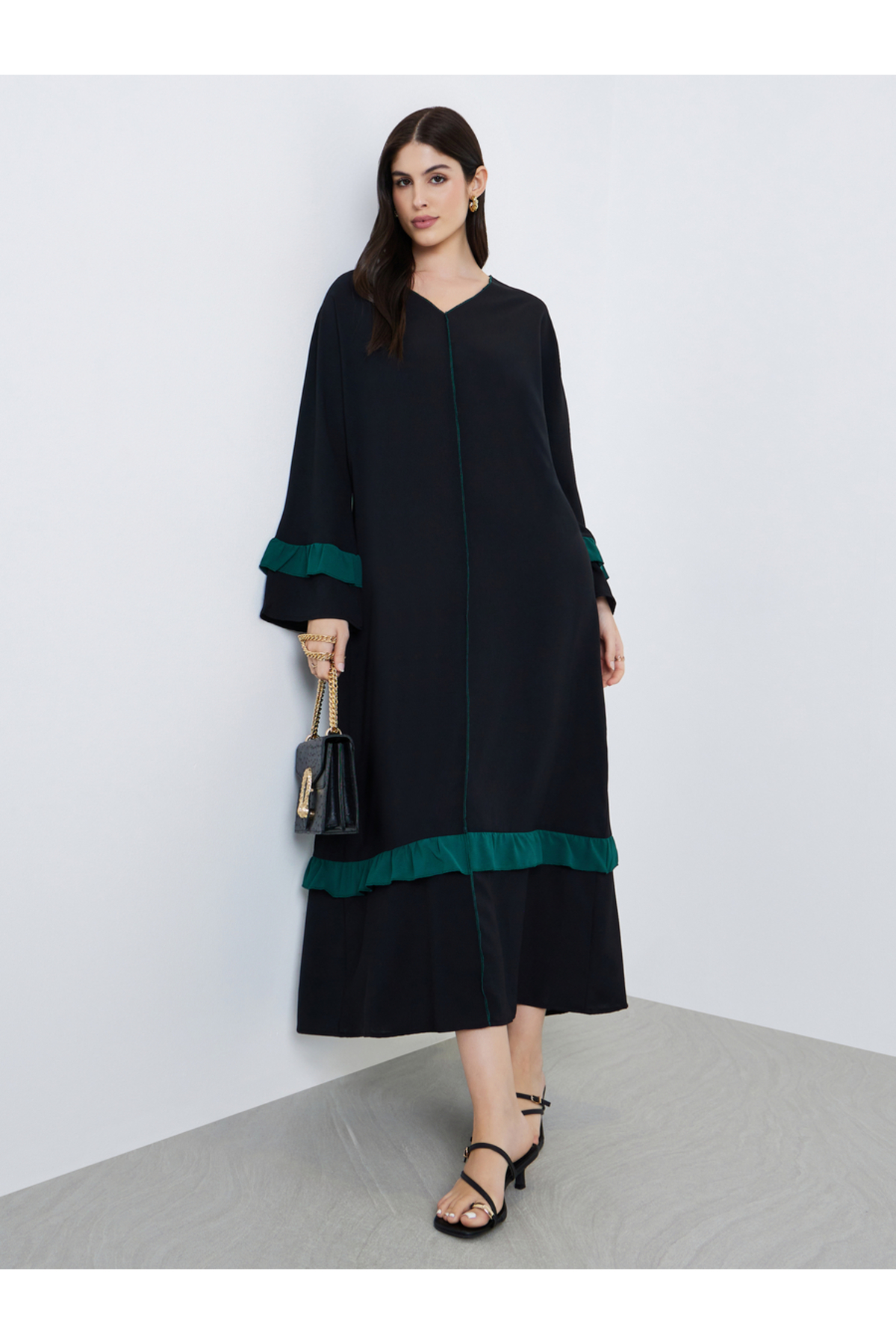 Styli Women Black Ruffled Detail Maxi Jalabiya