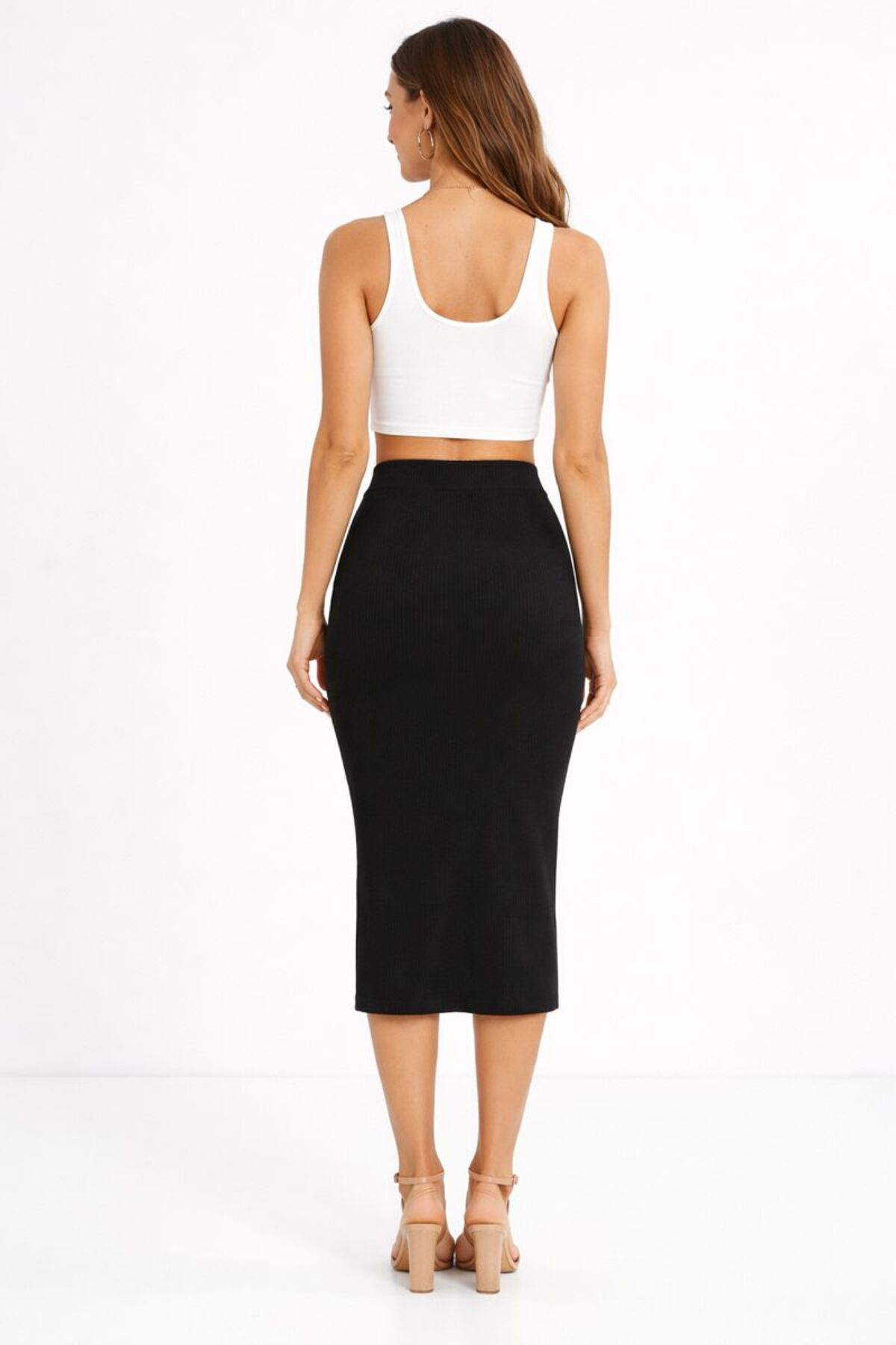 buğlem collection  Kadın Yüksek Bel Kaşkorse Kalem Etek Midi Boy Yırtmaçsız Rahat Kalıp Şık Basic - Görsel 2
