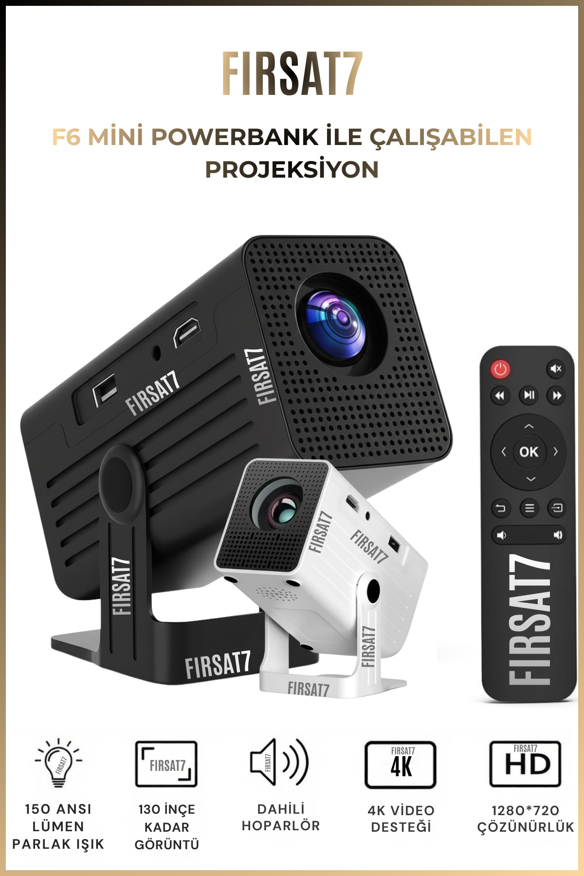 Fırsat7 F6 Mini Powerbank Ile Çalışan Projeksiyon Cihazı 4K