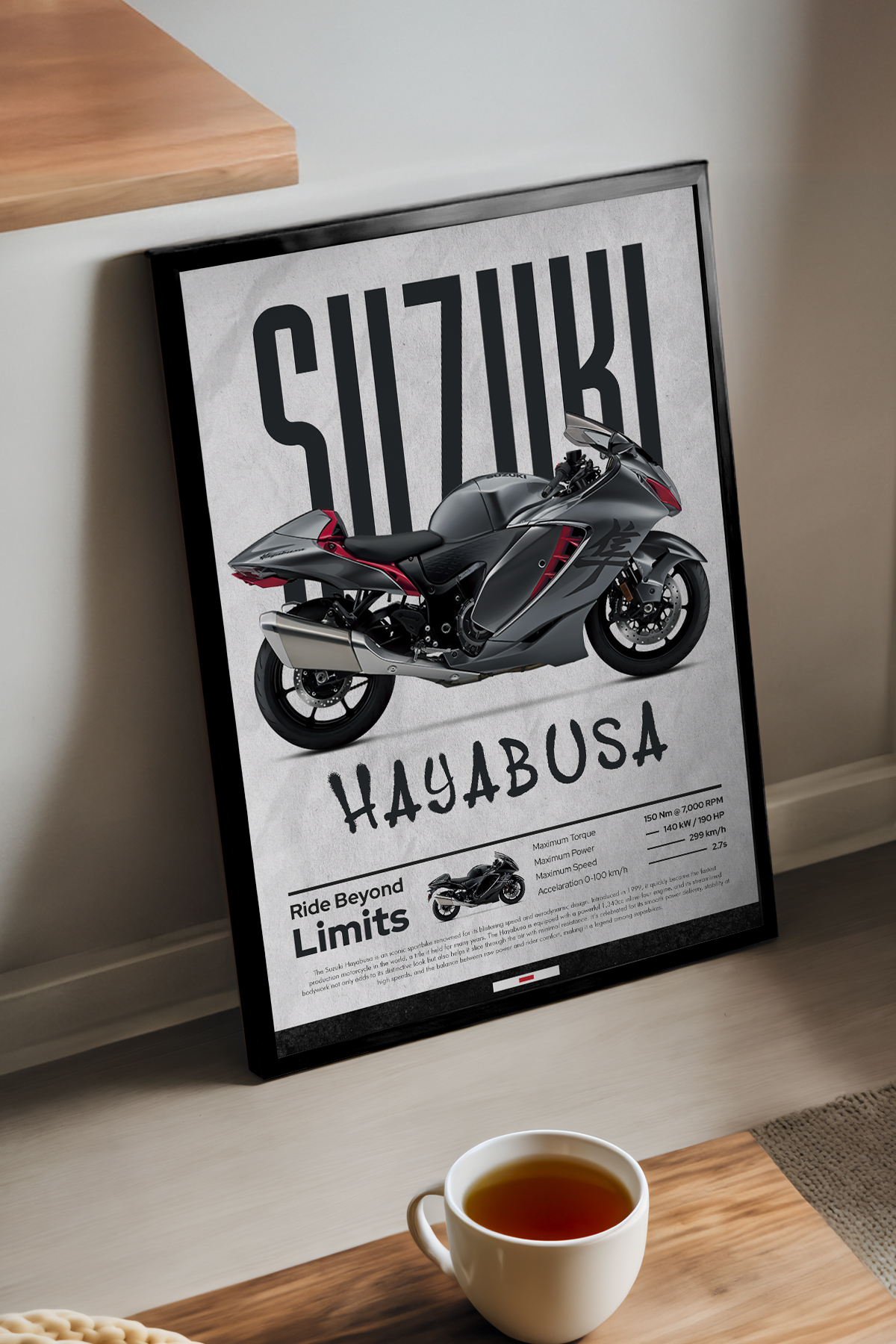 Duvarda Suzuki Hayabusa Siyah Ahşap Çerçeveli Poster, Dekoratif