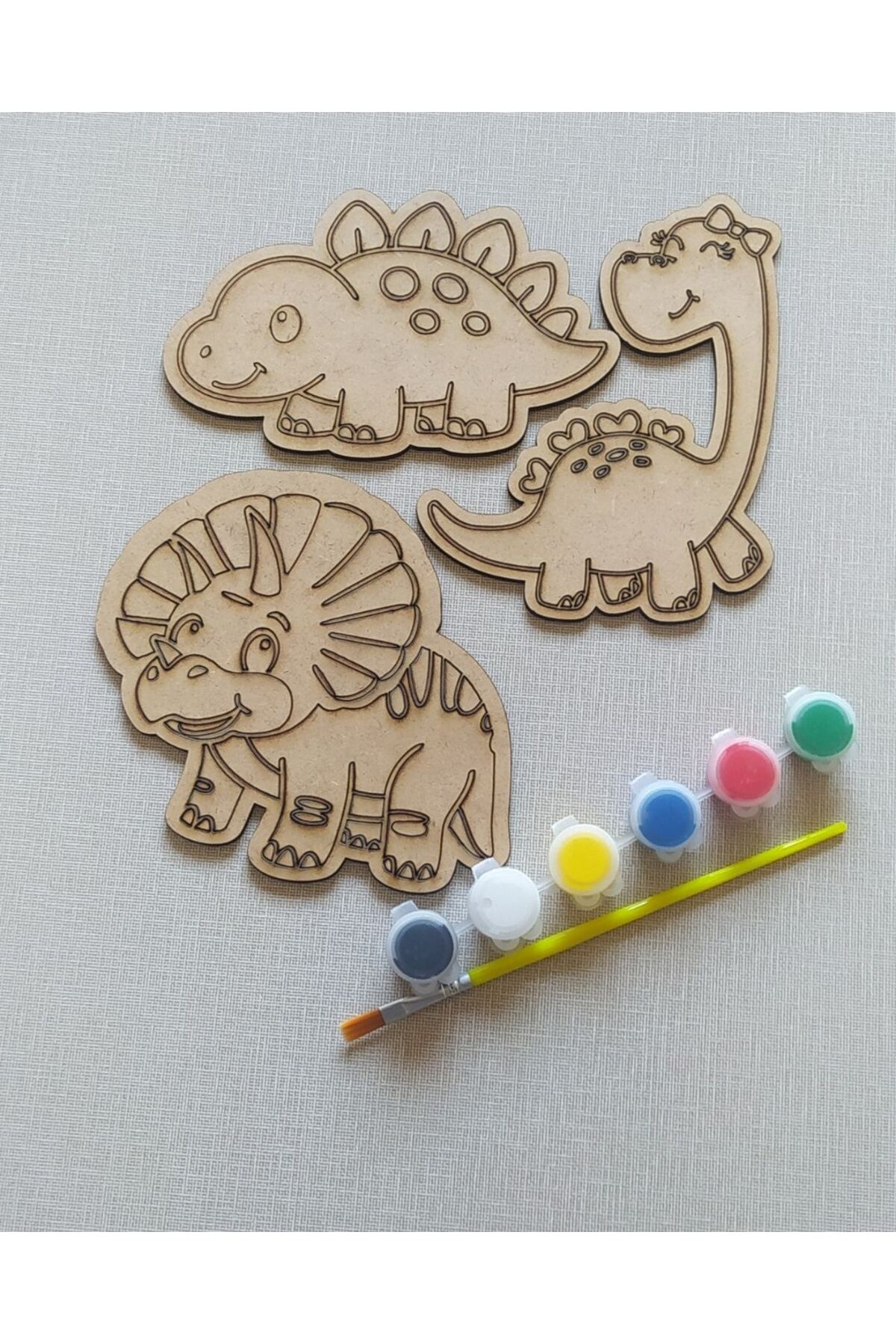 ست نقاشی دایناسور چوبی - ۳ فیگور + ۶ رنگ و قلم‌مو - کیت سرگرمی آموزشی