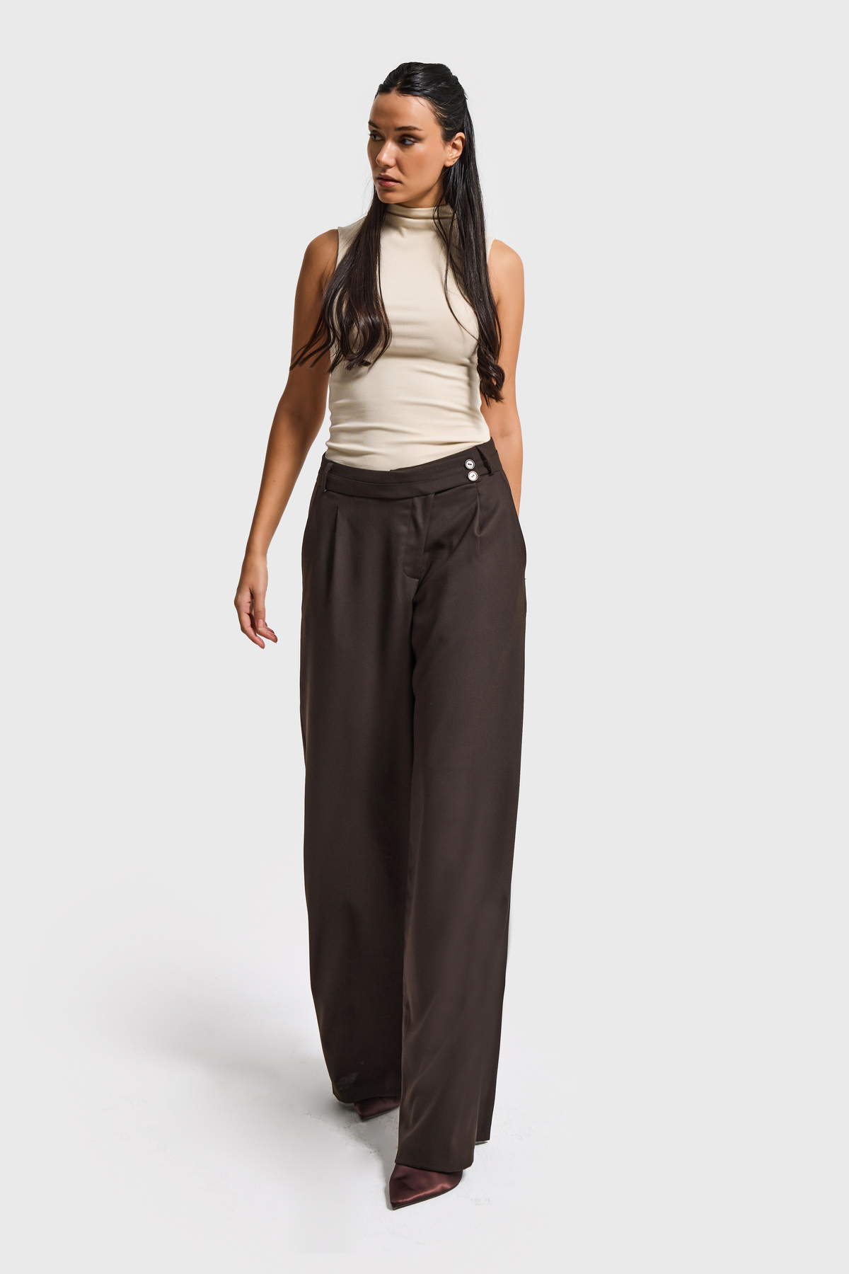 it's basic  Kadın Acı Kahve s6-16 Neptun Kemer Detaylı Palazzo Fit Pileli Pantolon - Görsel 6