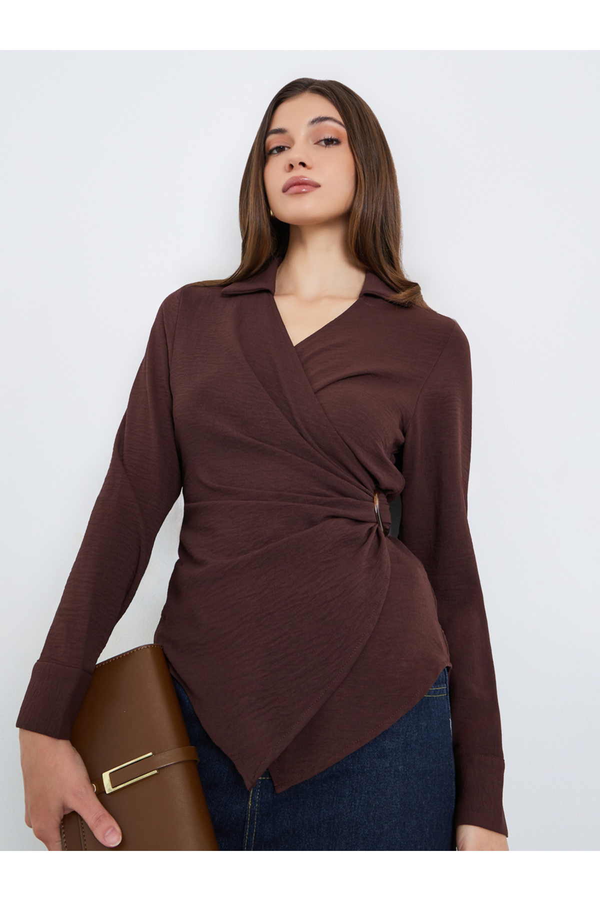 Styli Women Burgundy Wrap Top with Long Sleeves