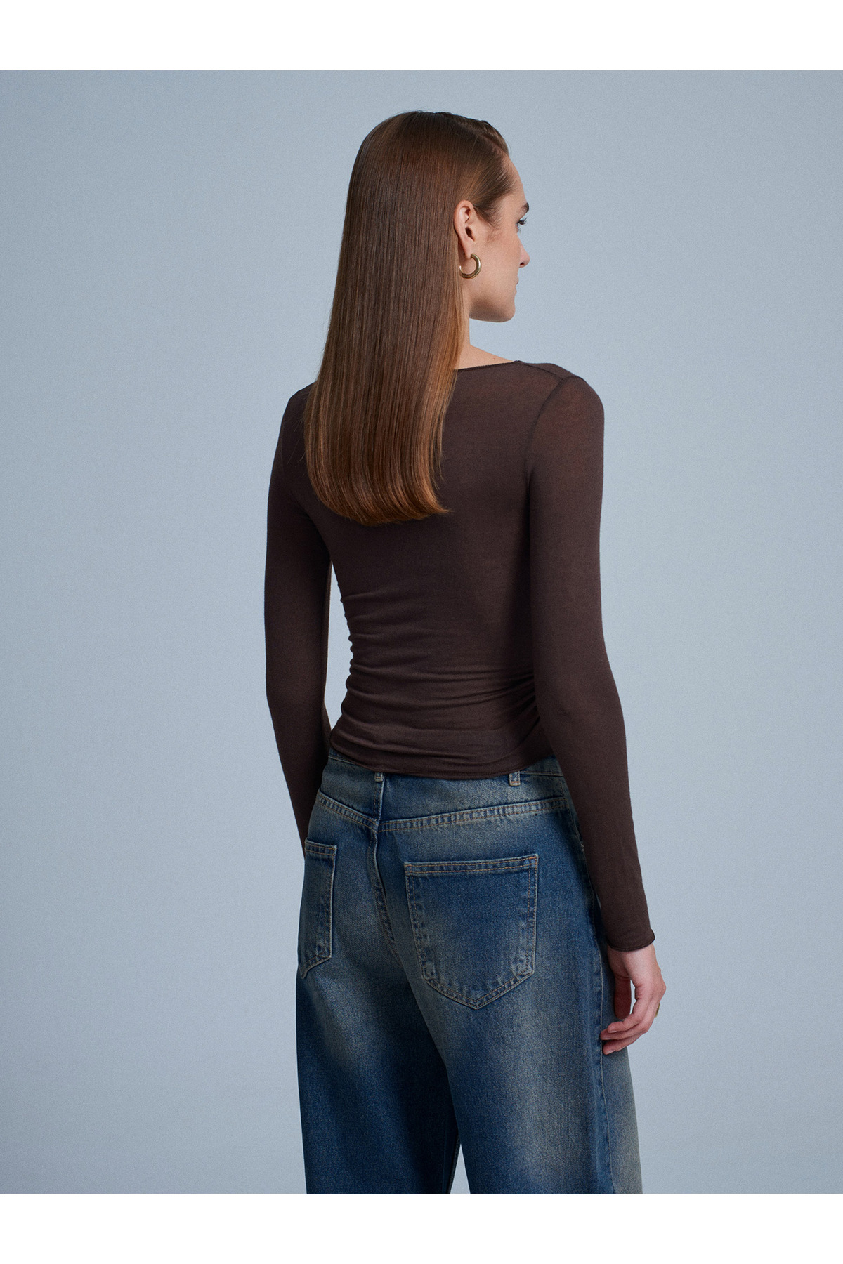 Dilvin 32371 Kayık Yaka Kaşmir Karışımlı Büzgülü Modal Top-Kahve görsel 3