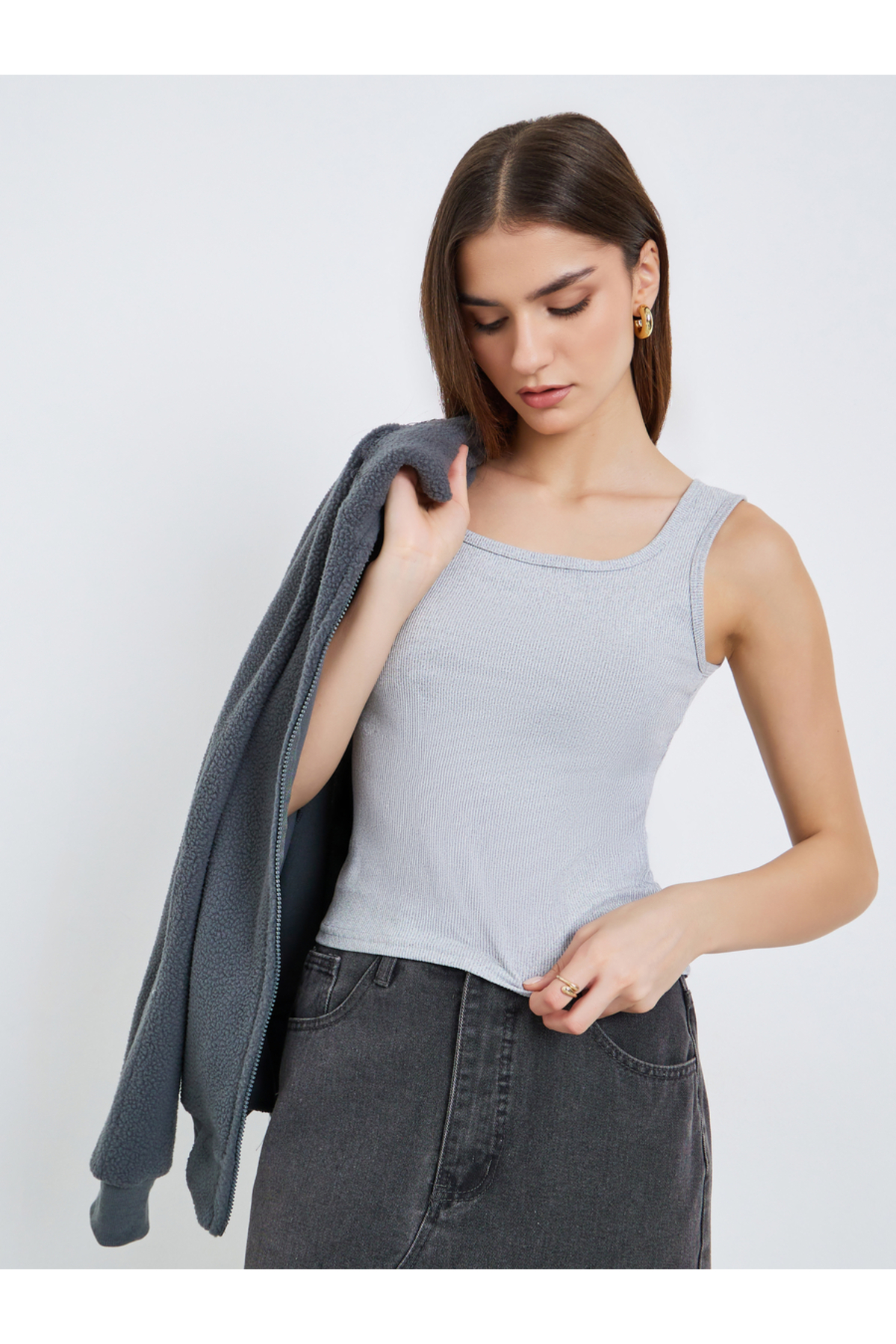 Styli Women Grey Ribbed Square Neck Cami Top