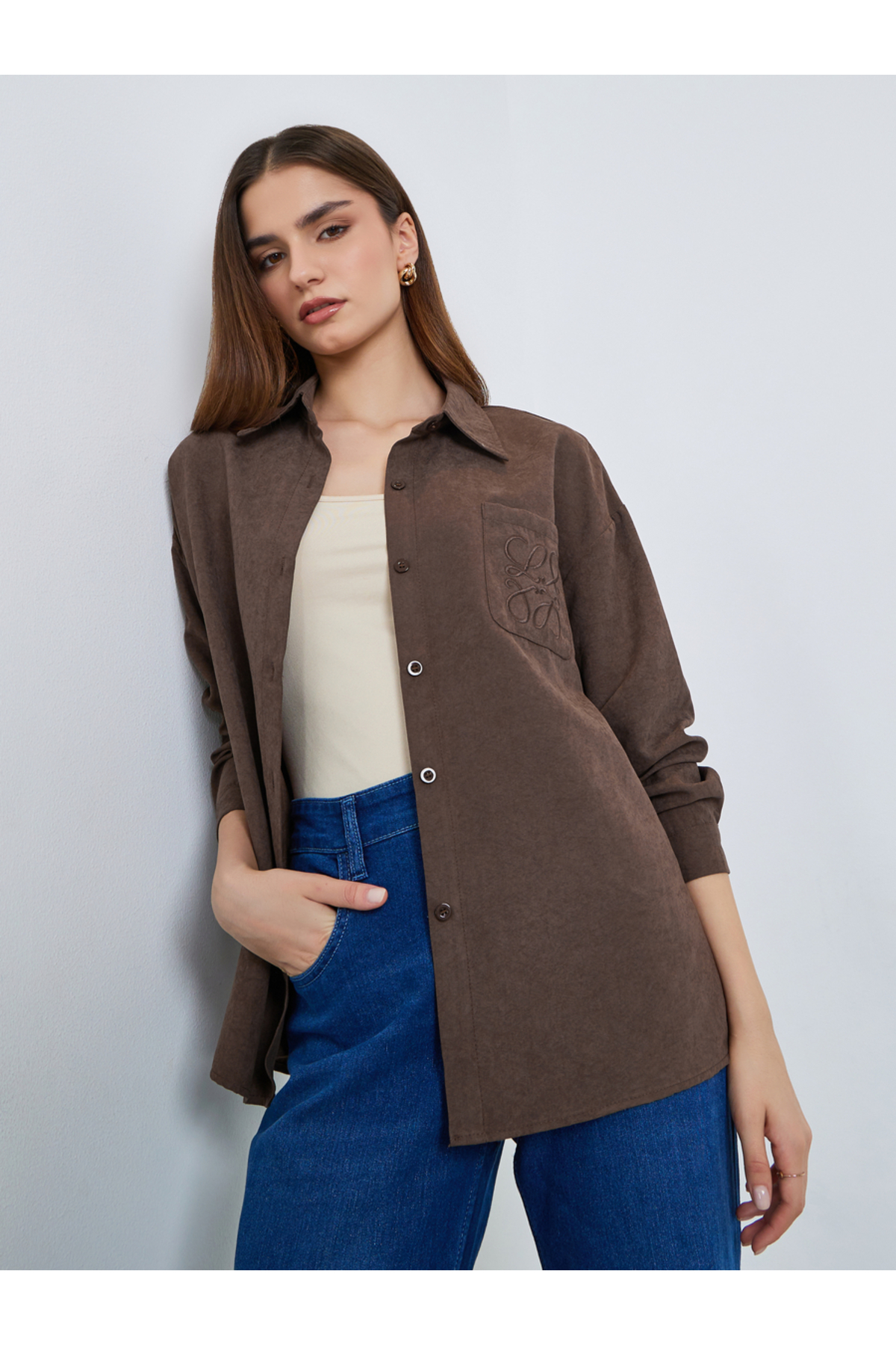 Styli Brown Embroidered Long Sleeve Shirt