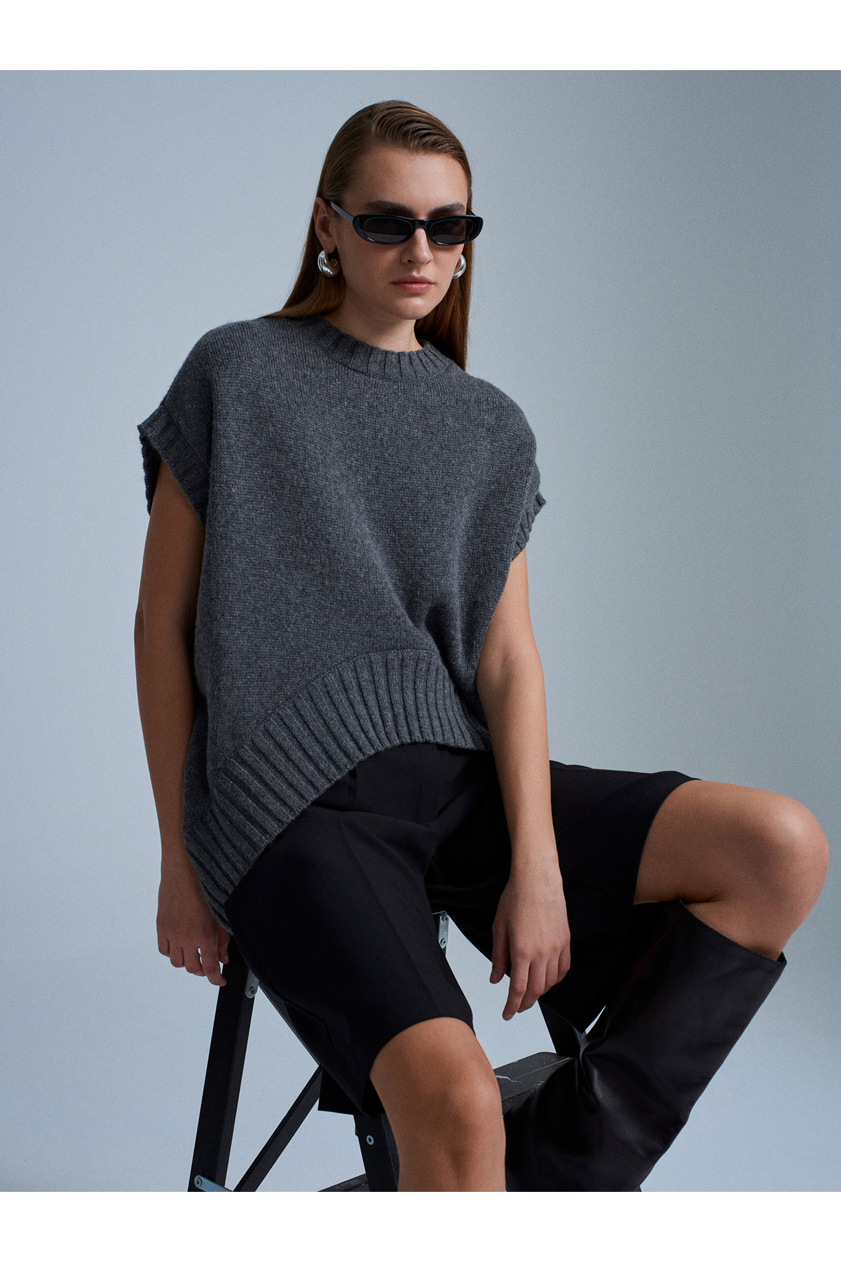 Dilvin 10839 Yün Karışımlı Oversize Süveter-Füme