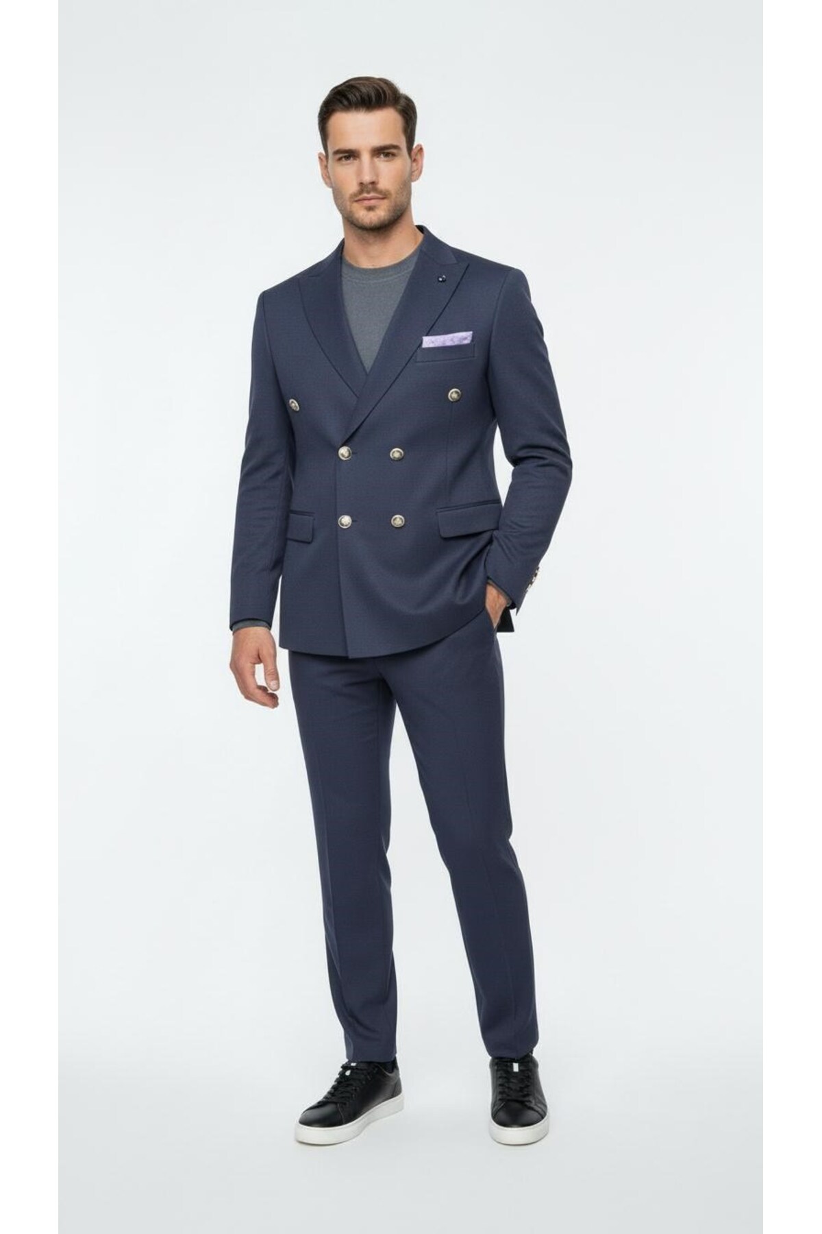 Plus Scorpion Erkek Kruvaze Gold Düğmeli Dokulu Likralı Kumaş Blazer Ceket, Modern Kesim Şık Tasarım
