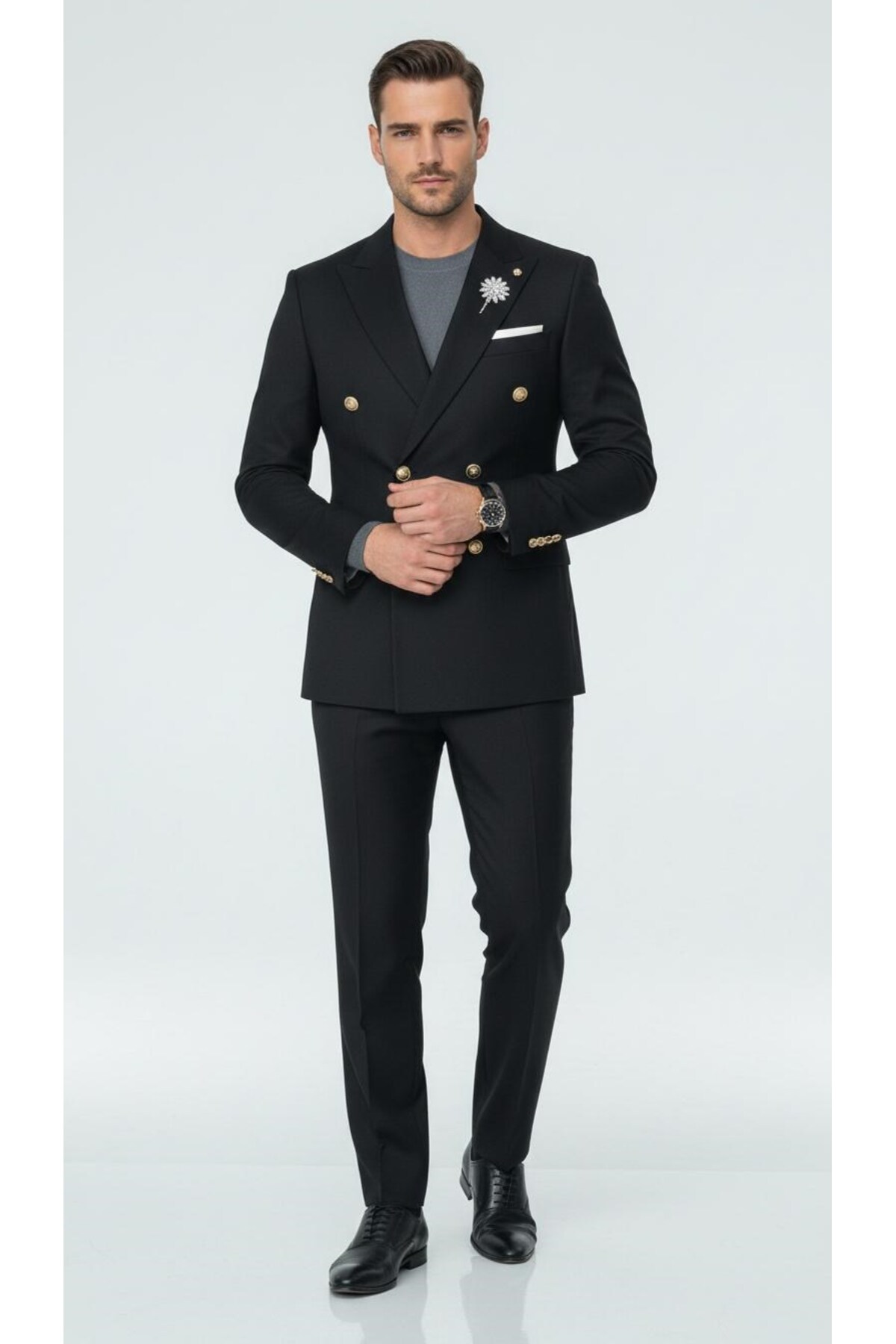 Plus Scorpion  Erkek Kruvaze Gold Düğmeli Dokulu Likralı Kumaş Blazer Ceket – Modern Kesim Şık Tasarım - Görsel 4