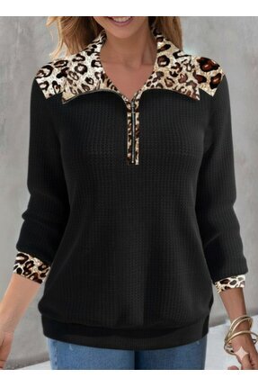 EDAYHomeButik Kadın Uzun Kollu Leopar Yakalı Fermuarlı Waffle Bluz