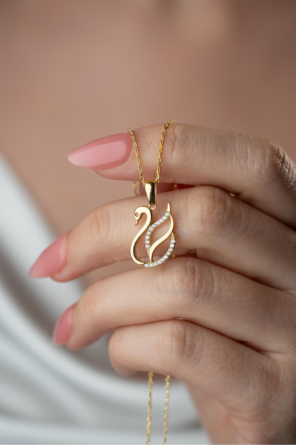 Two Arts Kadın 925 Ayar Gümüş Kuğu Kolye | 14K Altın Kaplama görsel 4