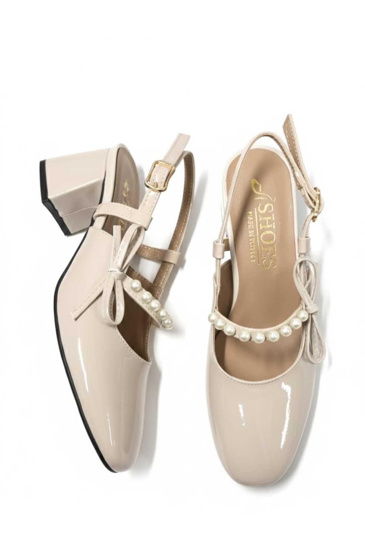 McDark  Kadın Bej Rugan Klasık Topuklu İnci Taşlı Ayakkabı