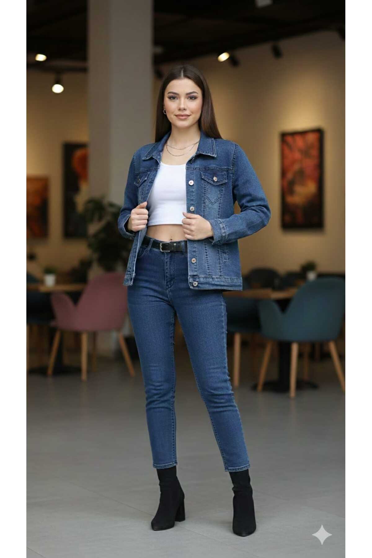 MODA  Yıkamalı Mavi denim silim kot ceket