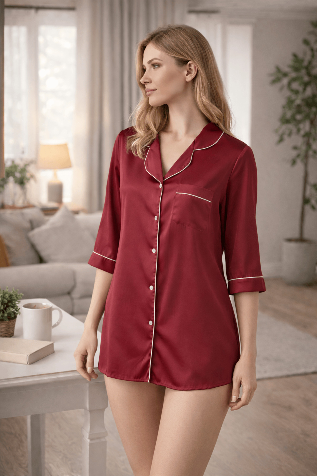 Elaram Kadın Saten Gömlek Yaka Düğmeli Kısa Gecelik – Şerit Detaylı Rahat Kesim