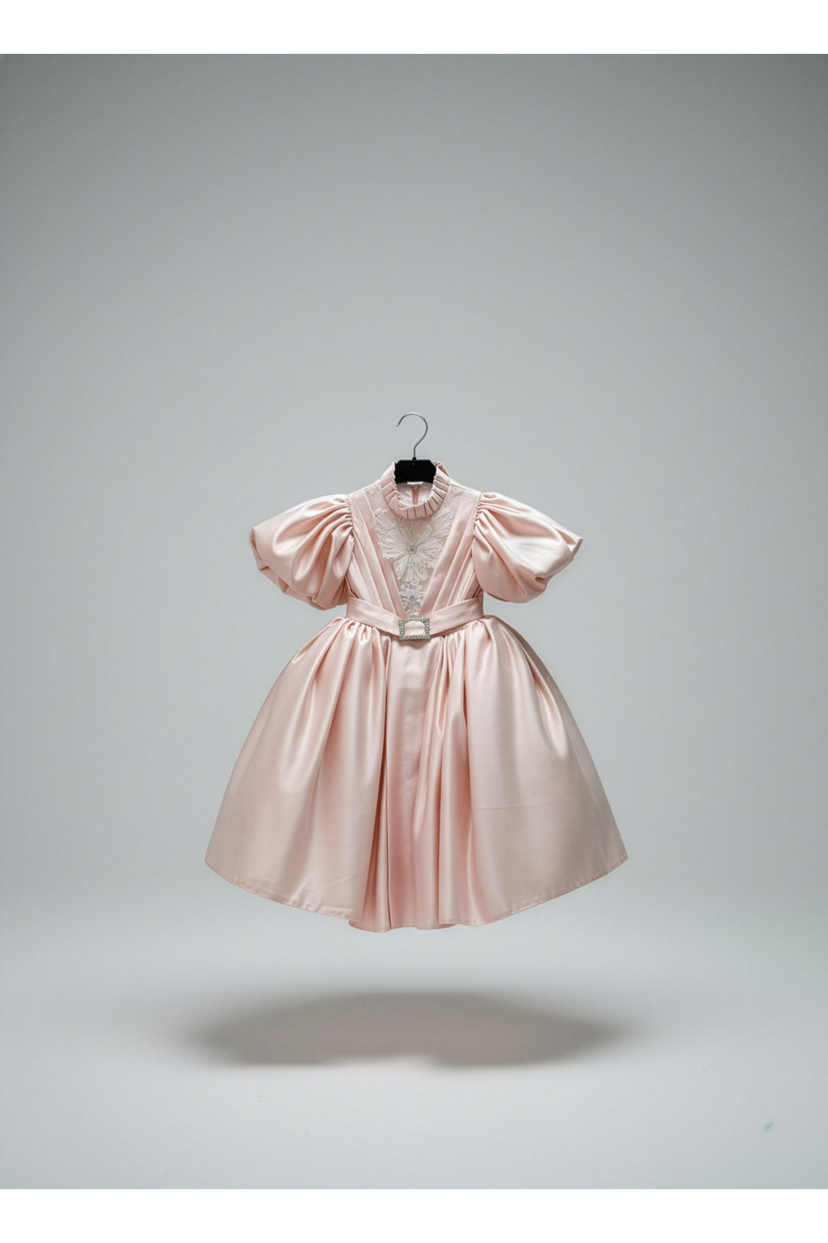 Girl Powder Evening Dress – Special Day Dress with Balloon Sleeves, Stone Buckle and Belt Detail