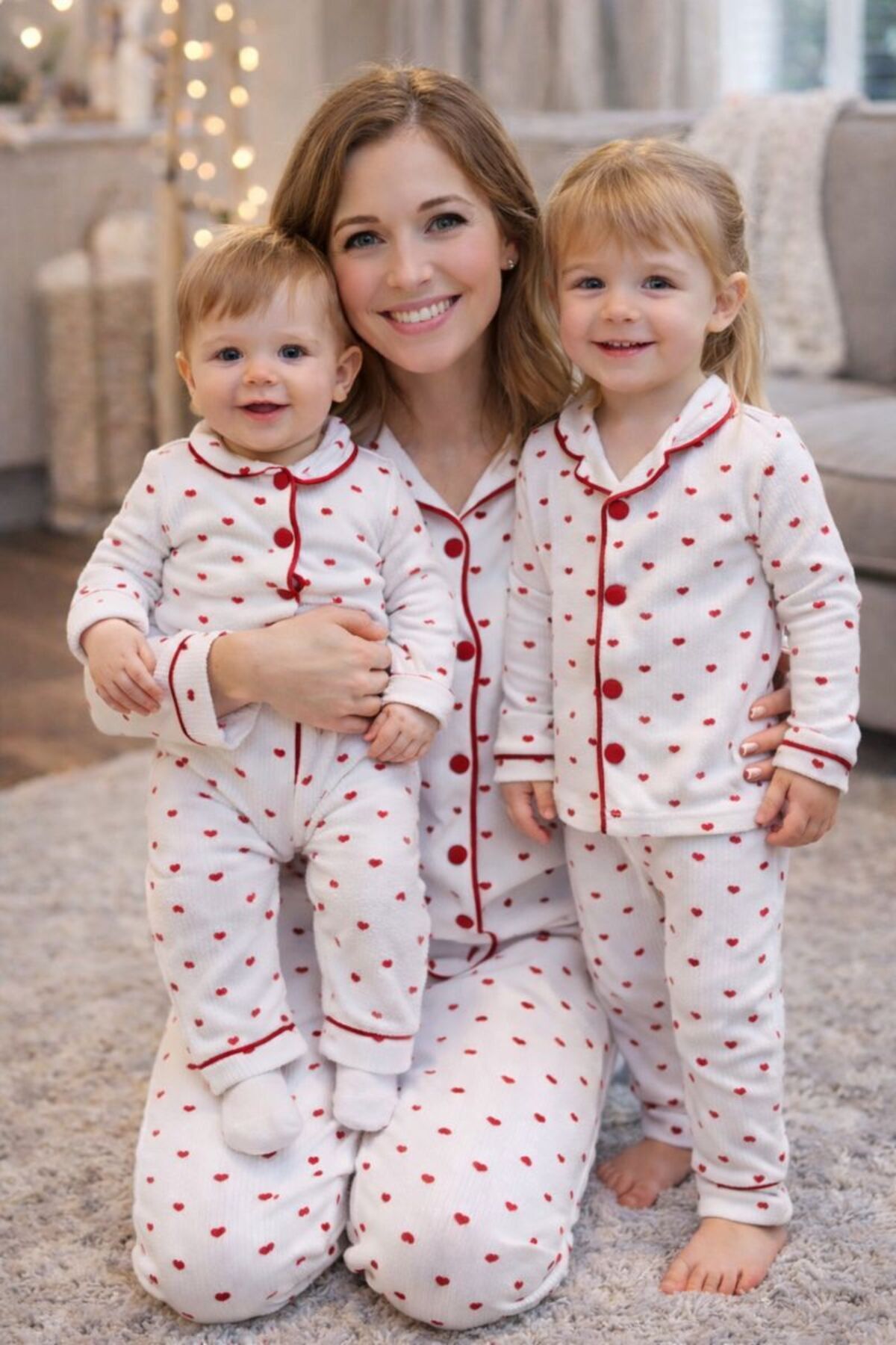 Lino Baby Anne Çocuk Kombin Minik Kalp Baskılı Tam Kalıp %100 Pamuk Kuruveze Yakalı Anne Çocuk Pijama Takımı