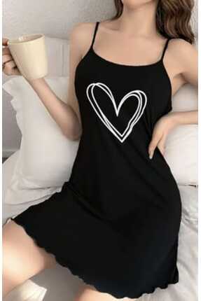 Sebalma Fashion Kadın Siyah İp Askılı Penye Gecelik – Kalp Baskılı