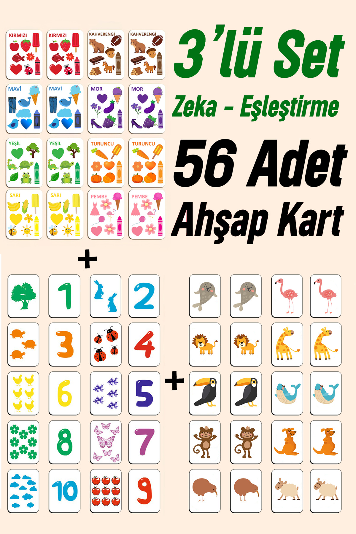 kutuTR 3’lü Set Zeka Eşleştirme Oyunu – 56 Adet Ahşap Kart – Renk, Sayı Ve Hayvan Set 3 fotoğrafı 2 (önizleme)