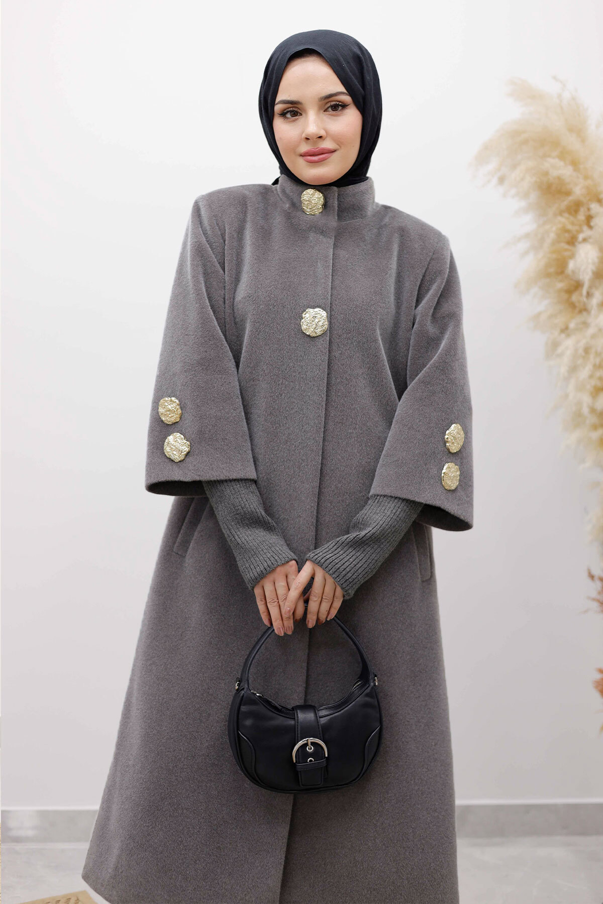 Tesettür Dünyası  Kol Ucu Triko Detaylı Angora Fox Kaban TSD250246 Açık Gri - Görsel 2