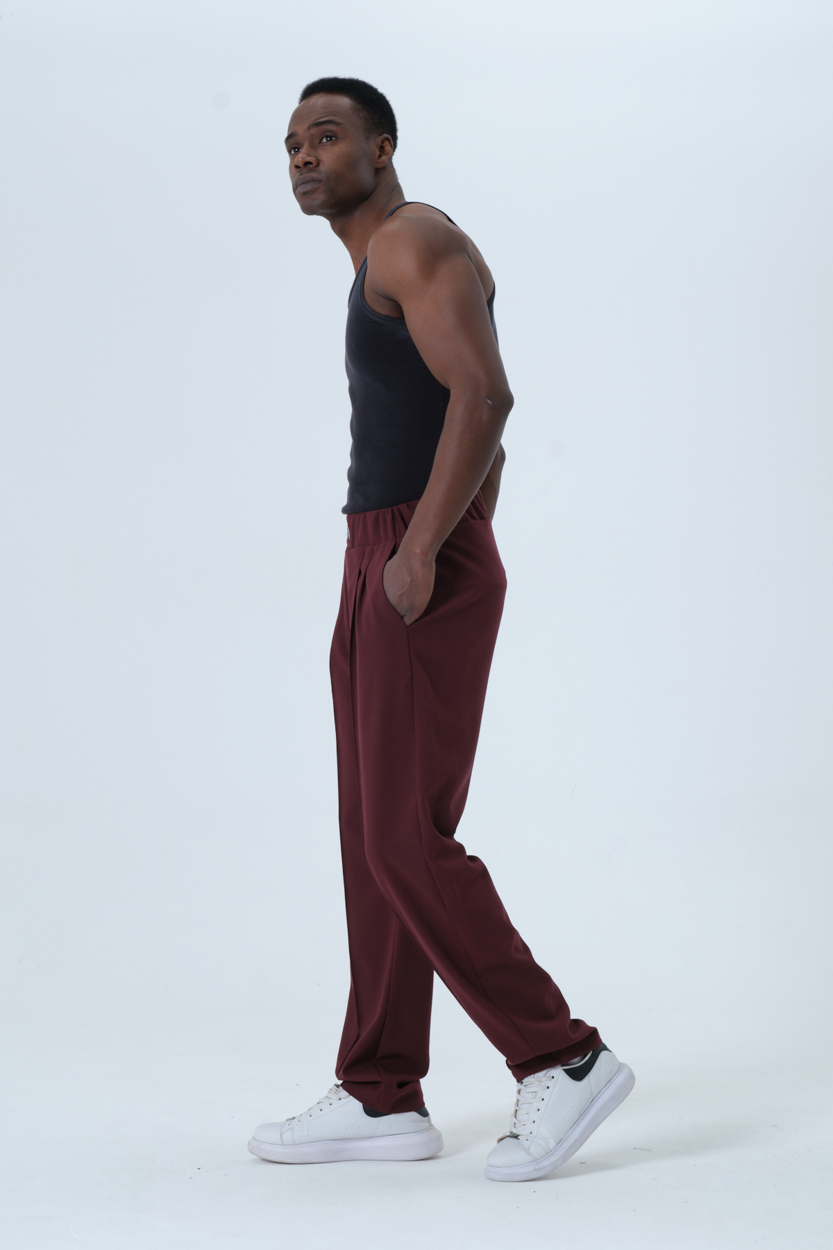 RELAXL Battal Boy Yalancı Düğmeli Pileli Çizgili Bordo Baggy Pantolon görsel 4
